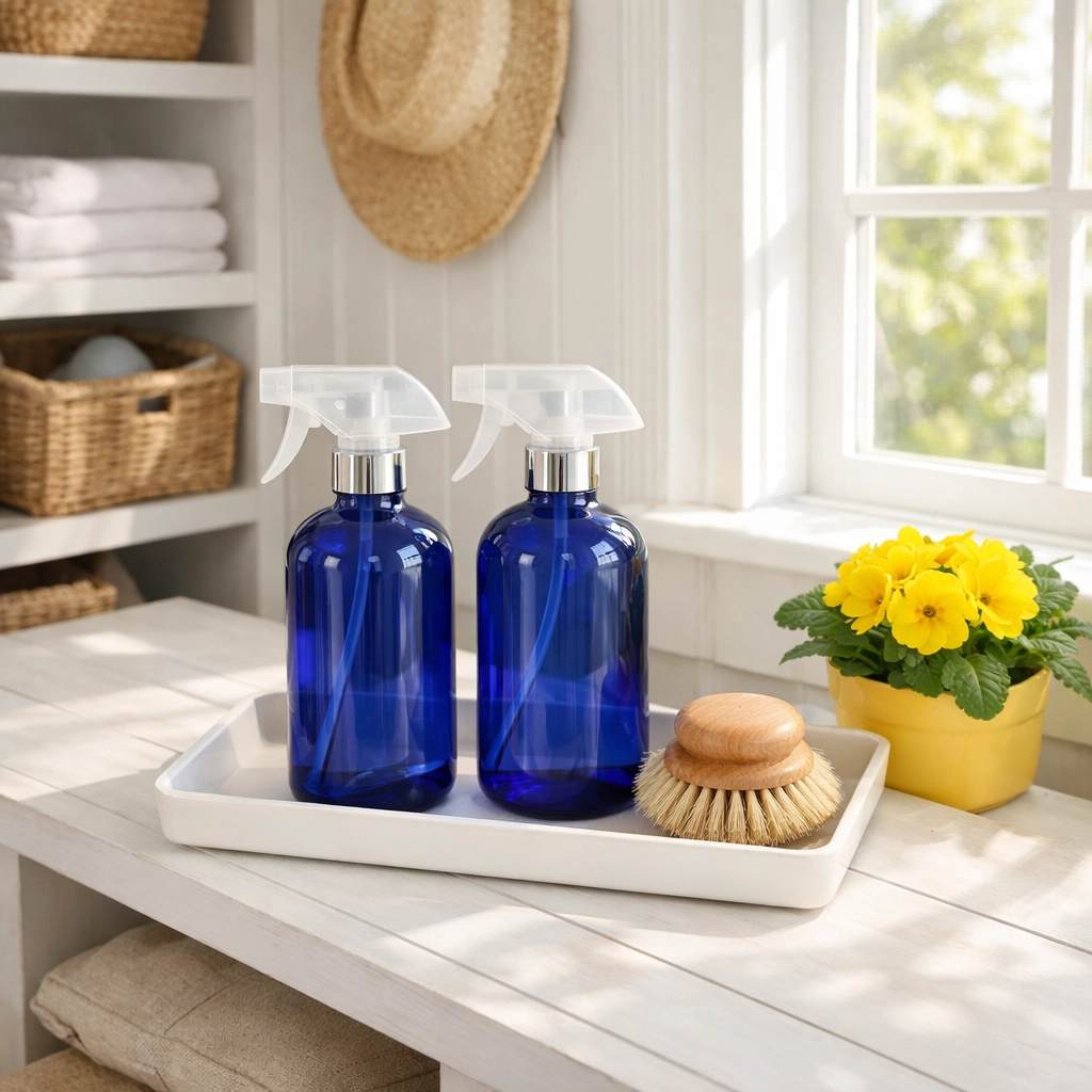 Eco-friendly residential cleaning in a bright Northborough mudroom with organized storage and shelving.