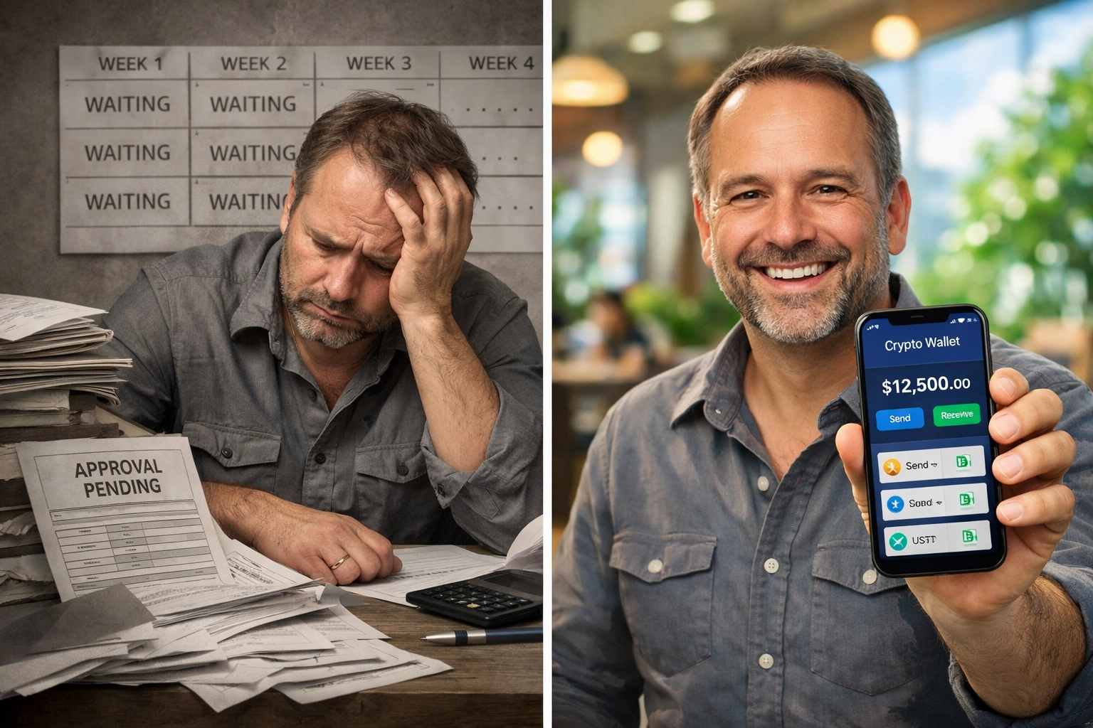 Merchant comparing lengthy crypto processor approval delays versus instant self-custody wallet setup