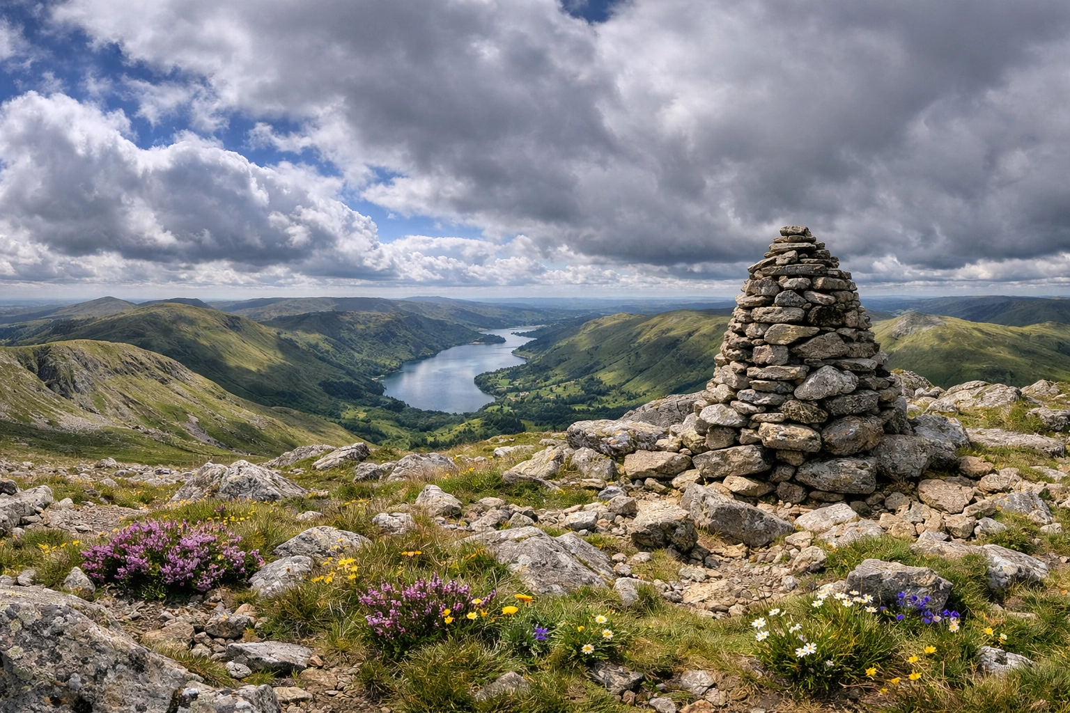 Panoramic Lake District summit view with stone cairn and rolling fells extending to horizon