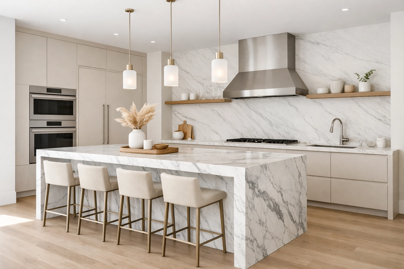 Luxury kitchen renovation in Vancouver showcasing a marble waterfall island and integrated appliances.