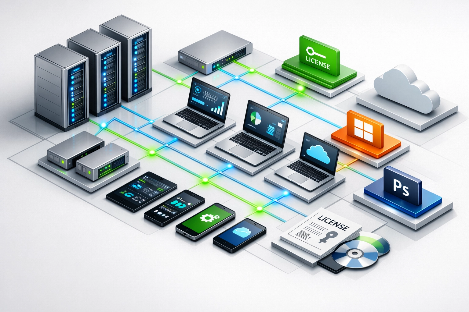 IT asset management visualization showing ITAM infrastructure and software licenses
