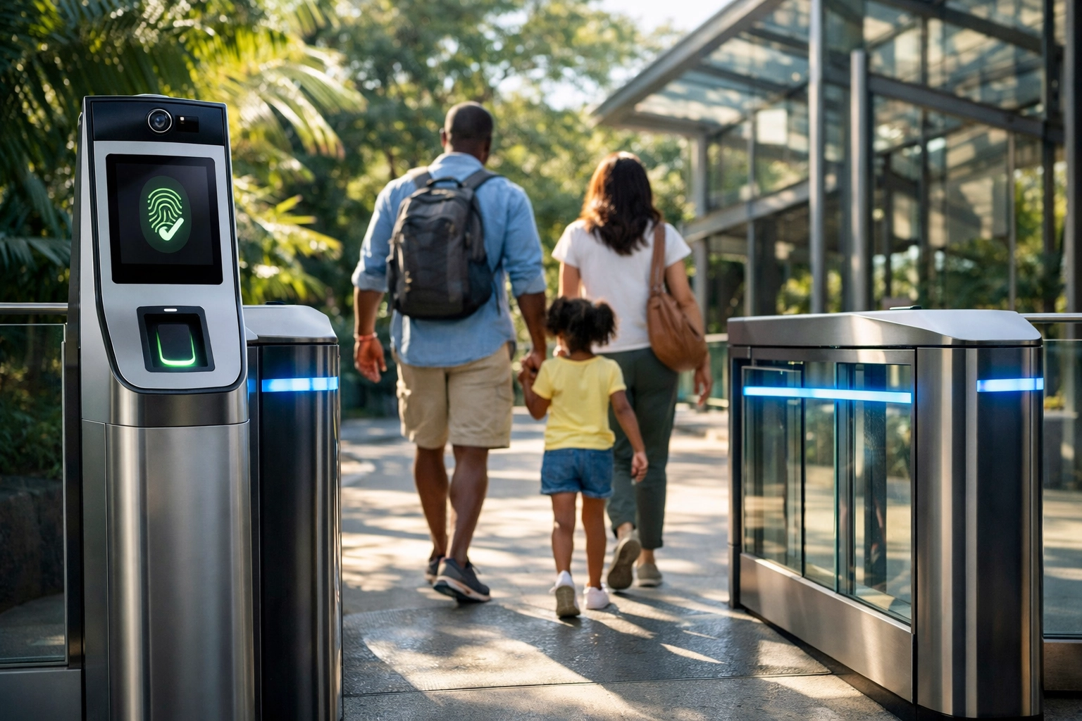 Family entering a modern zoo through a biometric facial recognition terminal for seamless access.