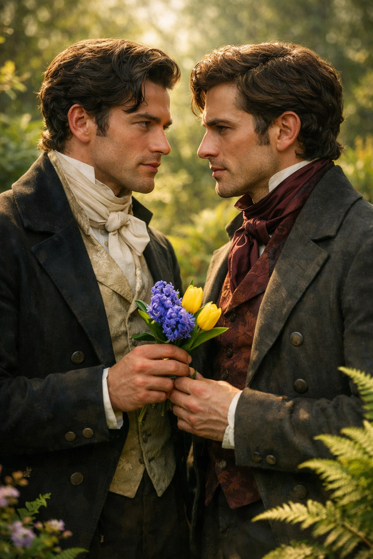 Victorian men in frock coats exchange a coded floral bouquet in a lush spring garden.