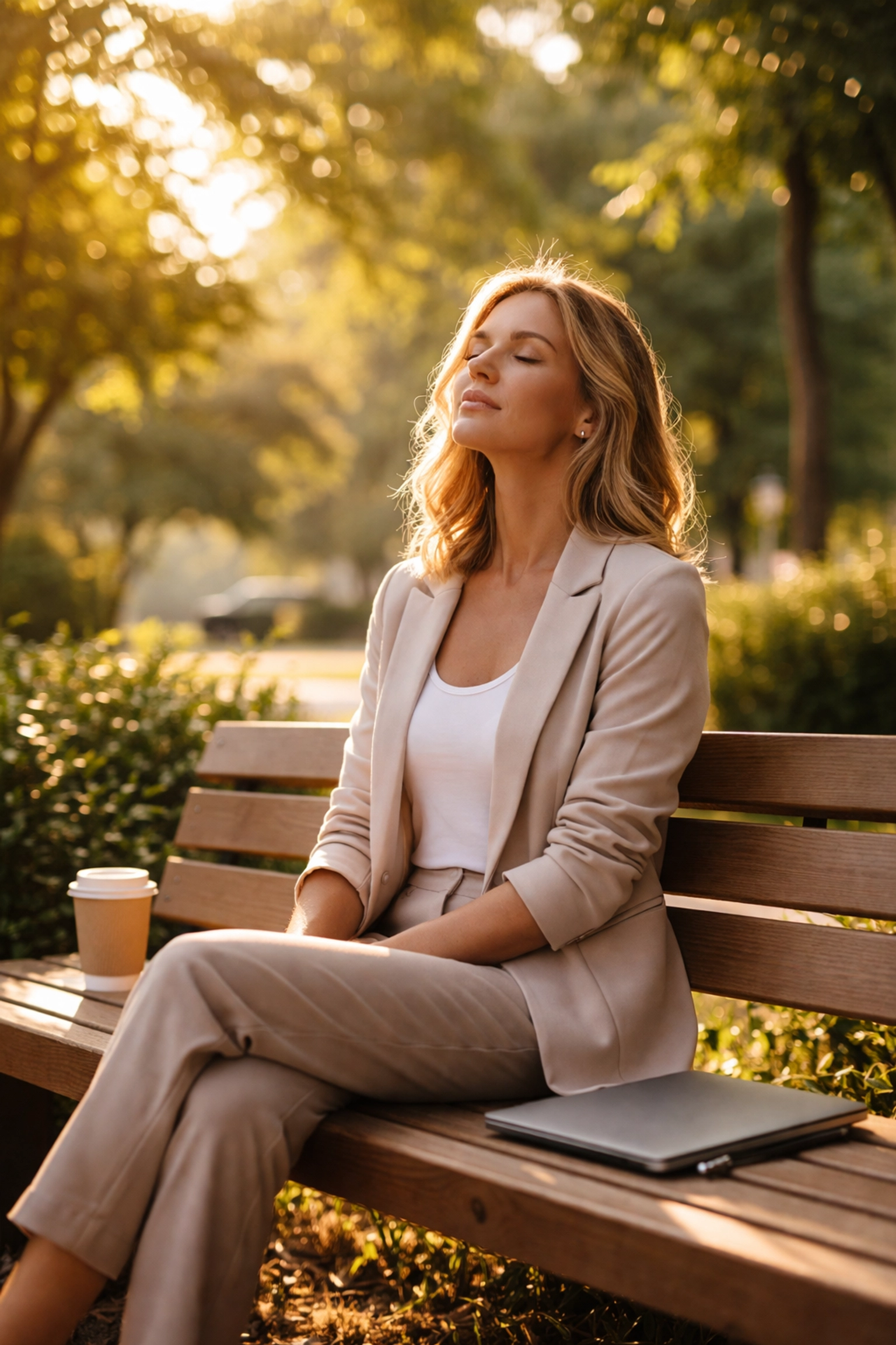 Founder practicing mindful self-care with a peaceful outdoor break, highlighting stress management for entrepreneurs