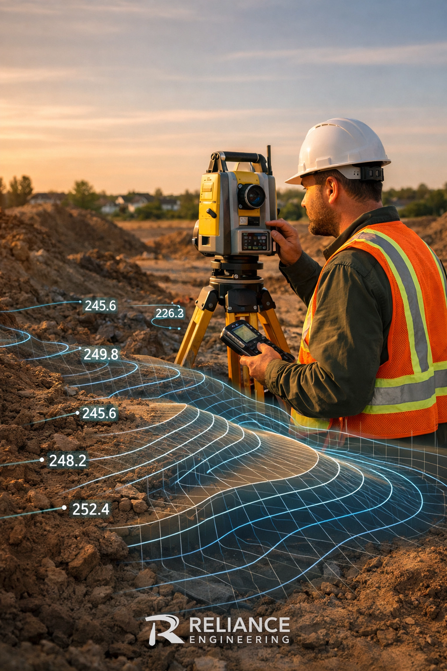 Professional Ontario land surveyor conducting a topographic site assessment for a grading plan.