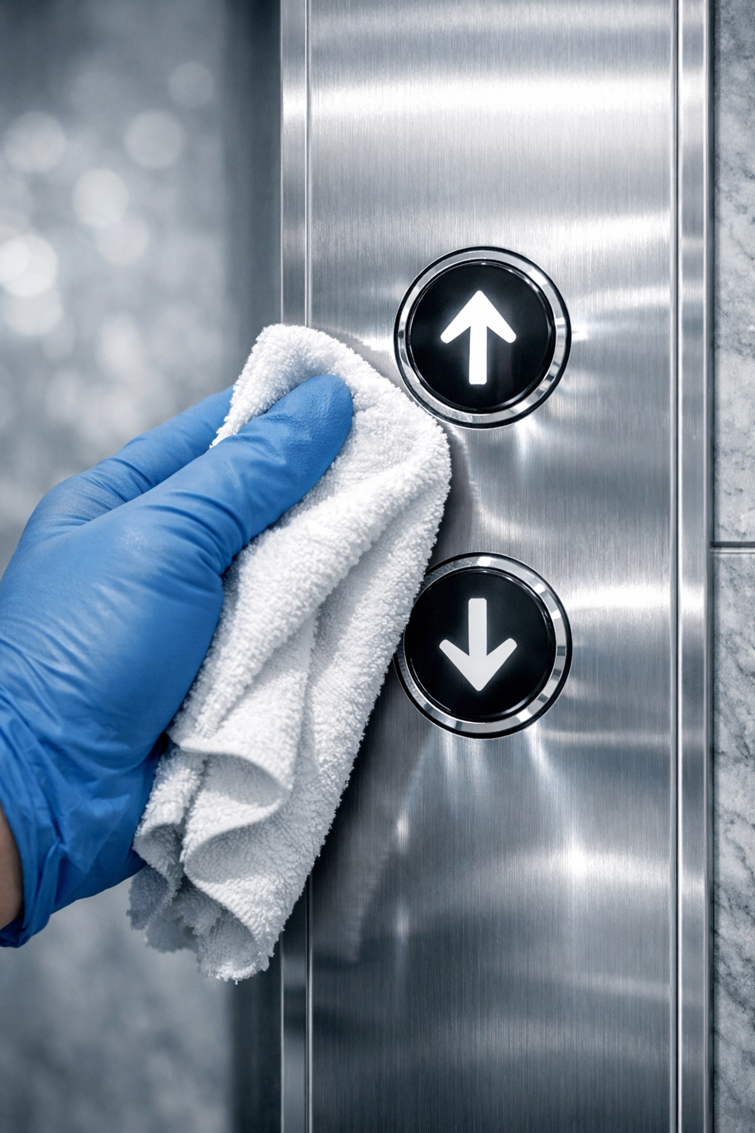 A professional cleaning service provider sanitizing an elevator panel in a Detroit high-rise.