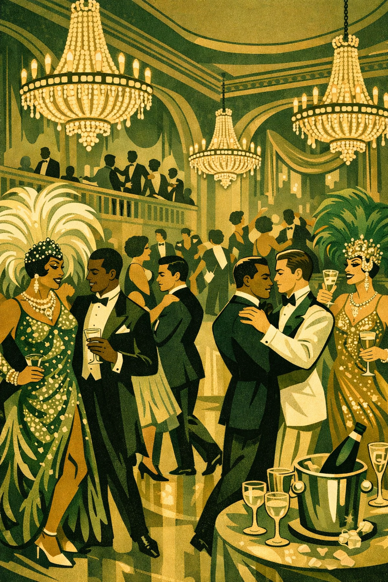 Hamilton Lodge Harlem ballroom with drag performers and dancing couples at 1920s gay masquerade