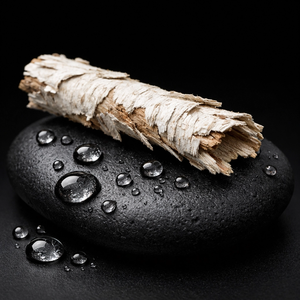 Natural white willow bark and water droplets on black stone for botanical skin hydration and clarity.