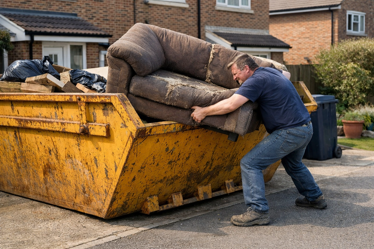 Person lifting heavy sofa into yellow skip on driveway showing manual labour required for skip hire