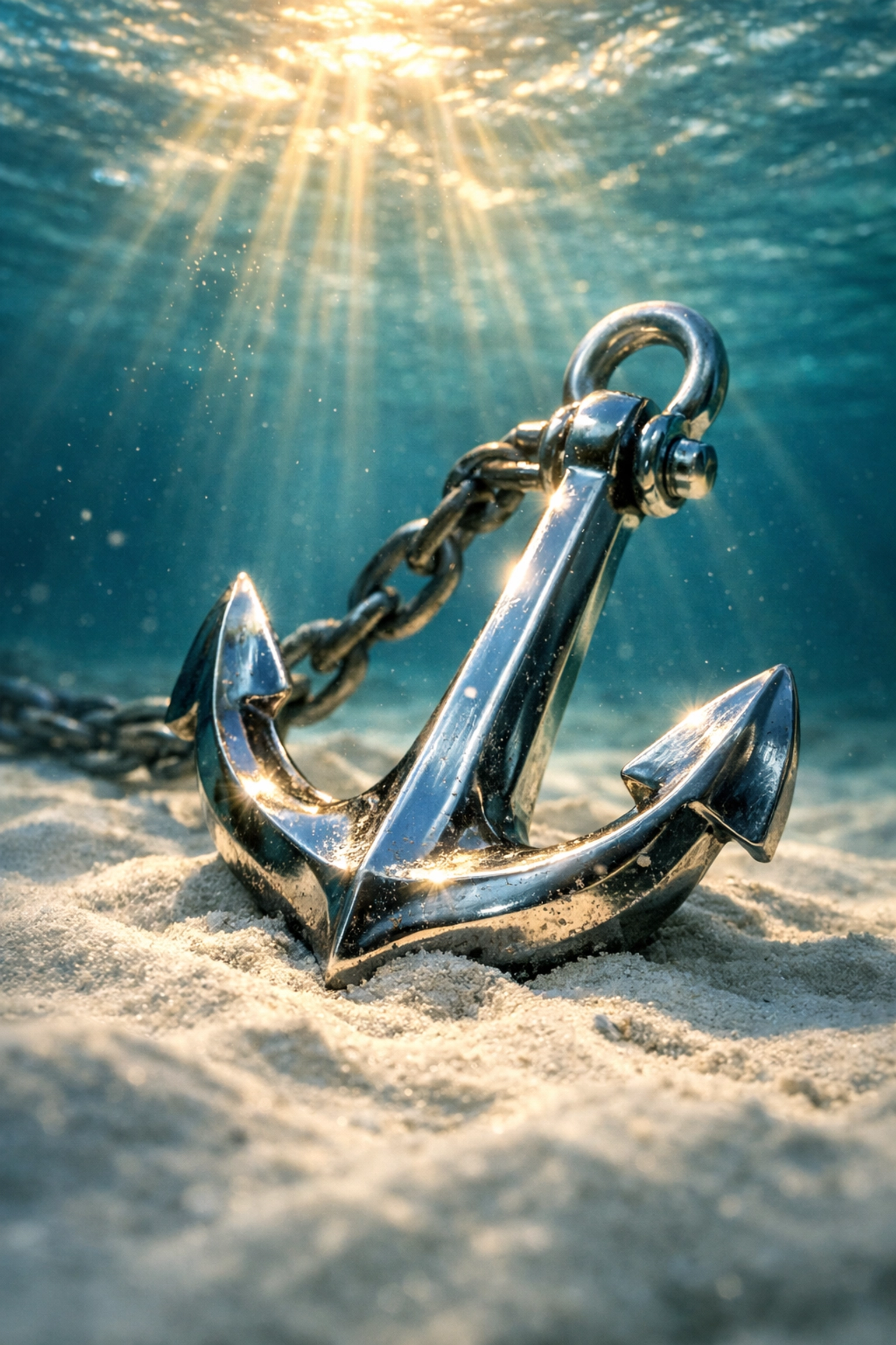 Silver anchor on a sandy ocean floor representing the stability of permanent life insurance.