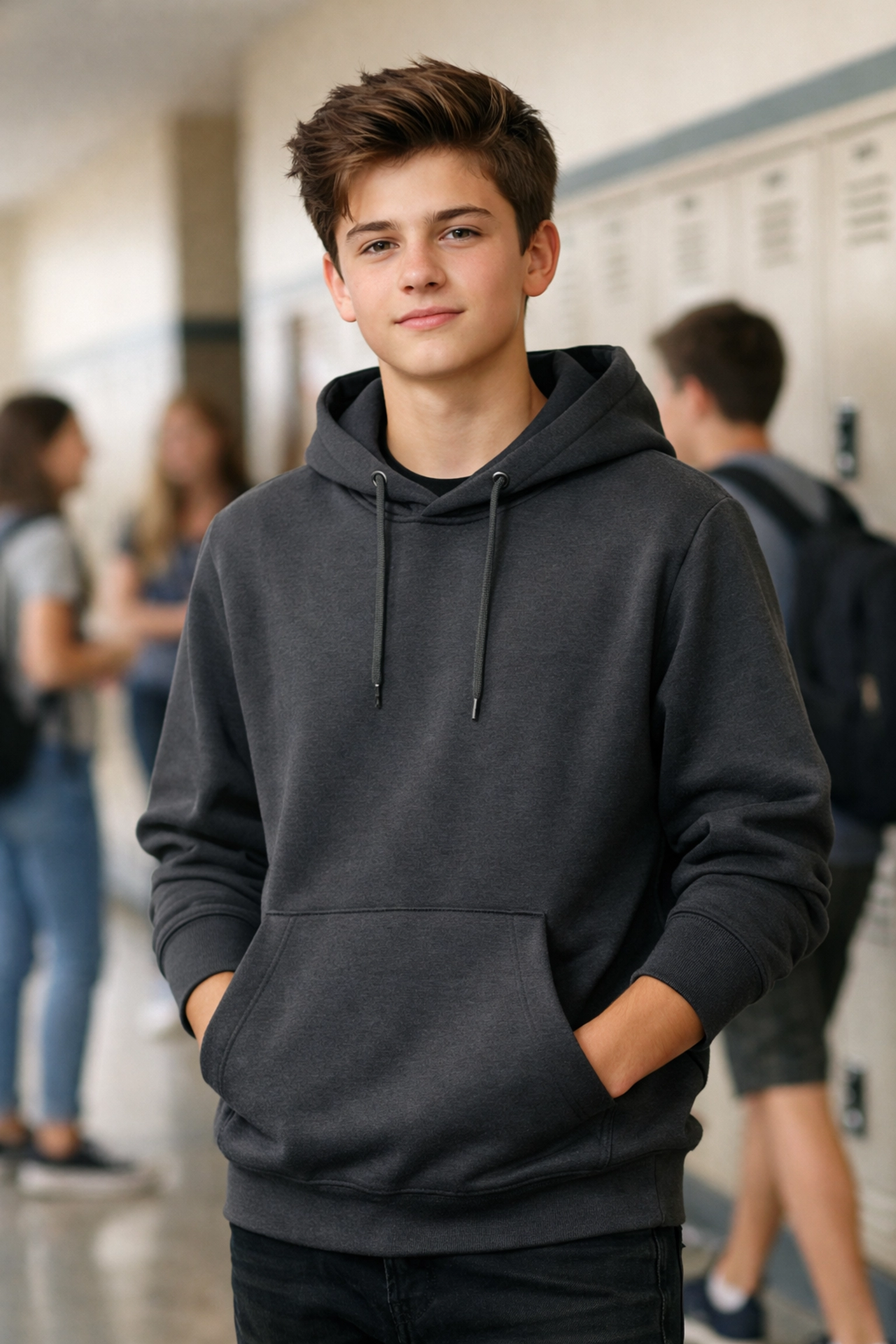 Confident teen wearing stylish sensory friendly hoodie in school hallway with peers