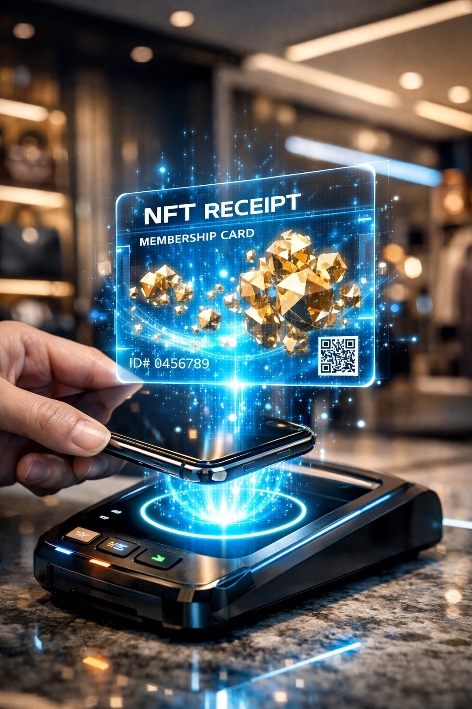 Customer using a smartphone for a Web3 payment transaction to receive a holographic NFT receipt at a merchant terminal.