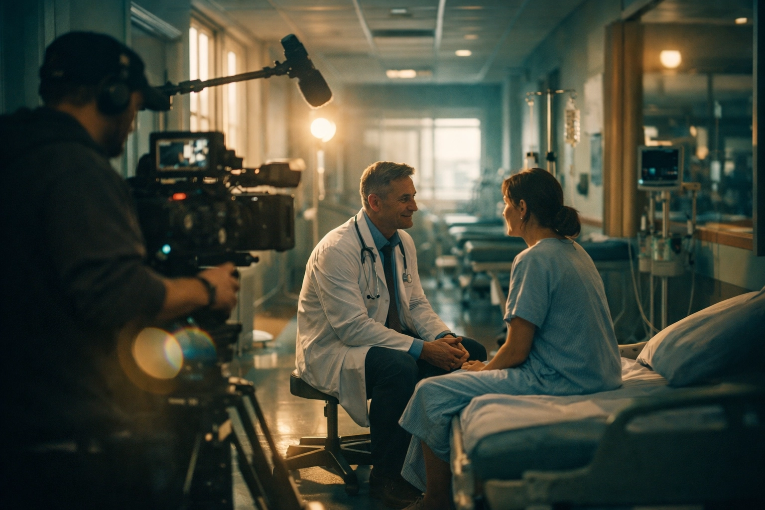 Healthcare video production team filming doctor and patient in hospital setting