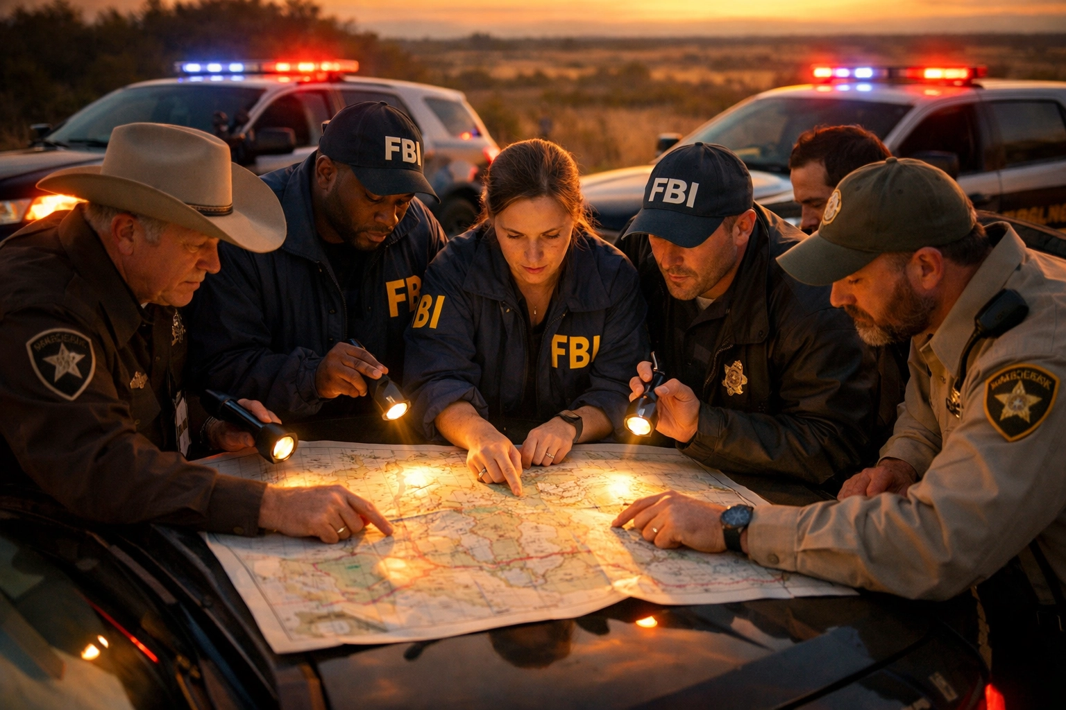 FBI and police investigators collaborating on missing person case at dusk