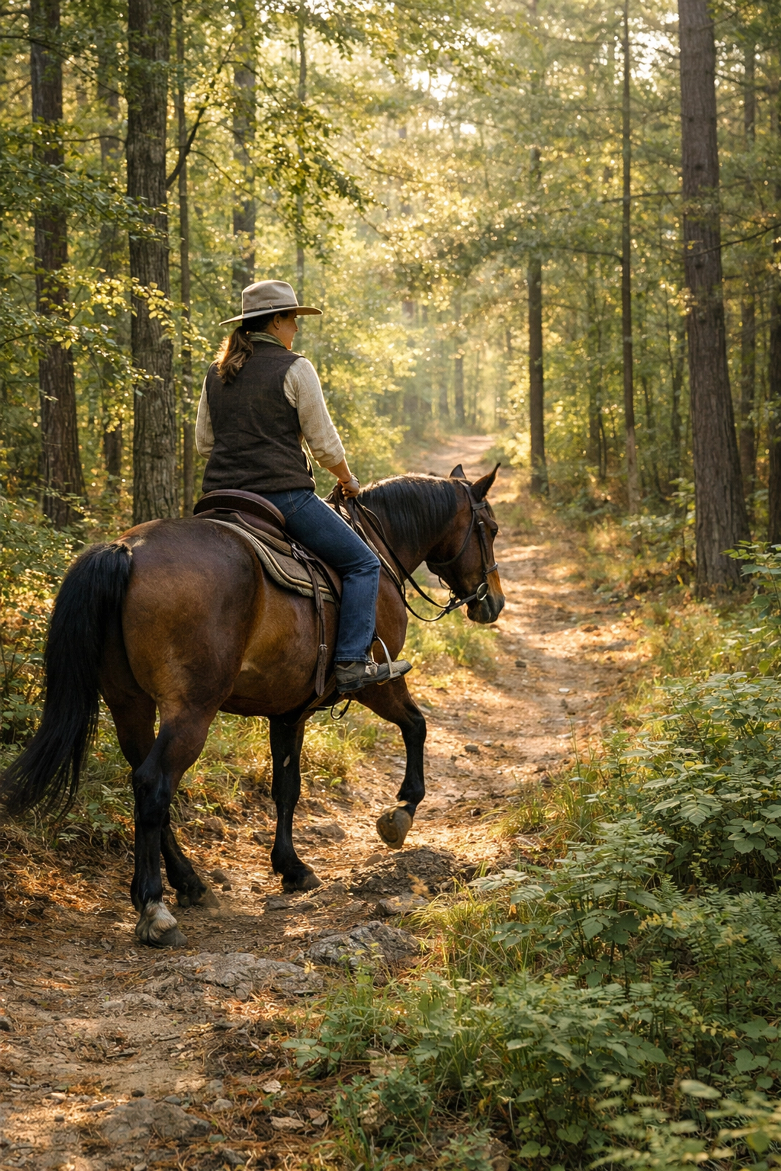 Horseback rider on wooded trail in Union County near Waxhaw, North Carolina