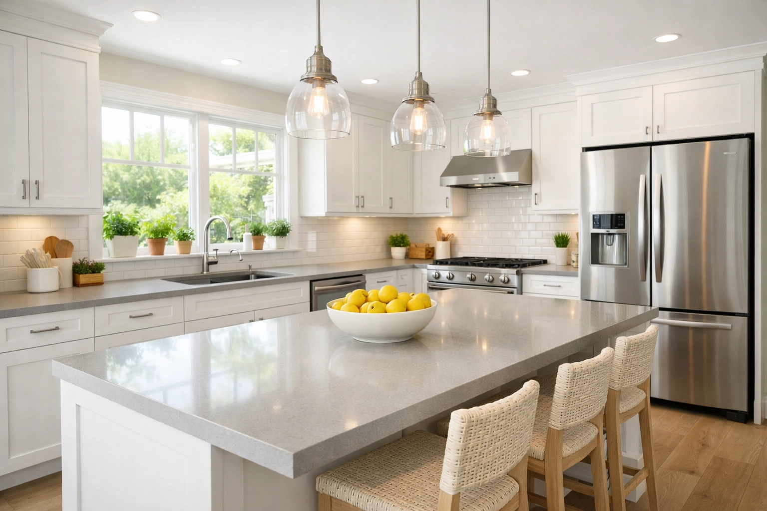 Contemporary kitchen remodel with white cabinets and island in Vancouver home
