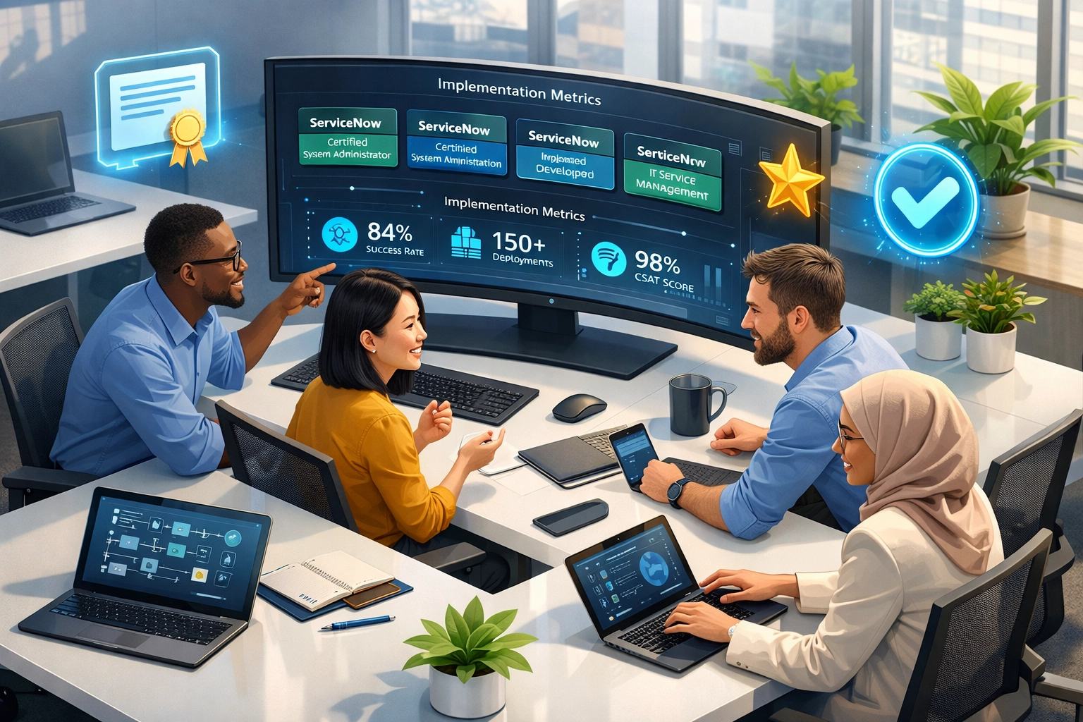 ServiceNow consulting team examining certifications and implementation metrics in modern office