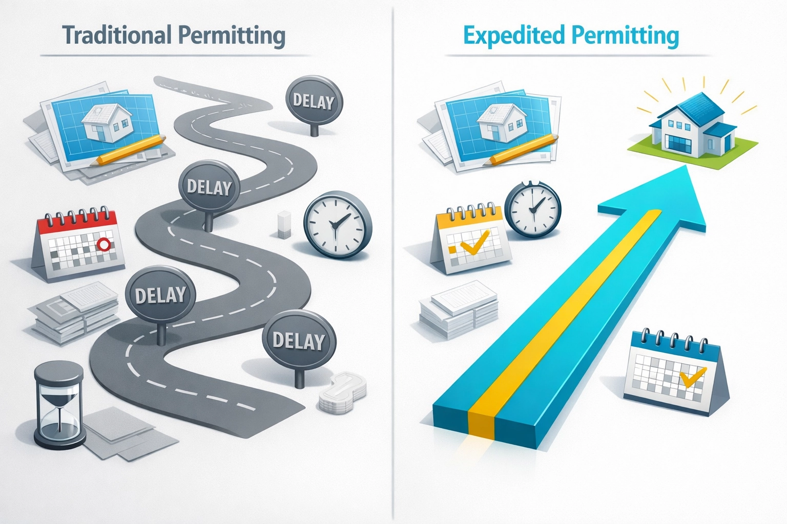 Comparison of traditional permitting timeline vs expedited plan review process in Florida