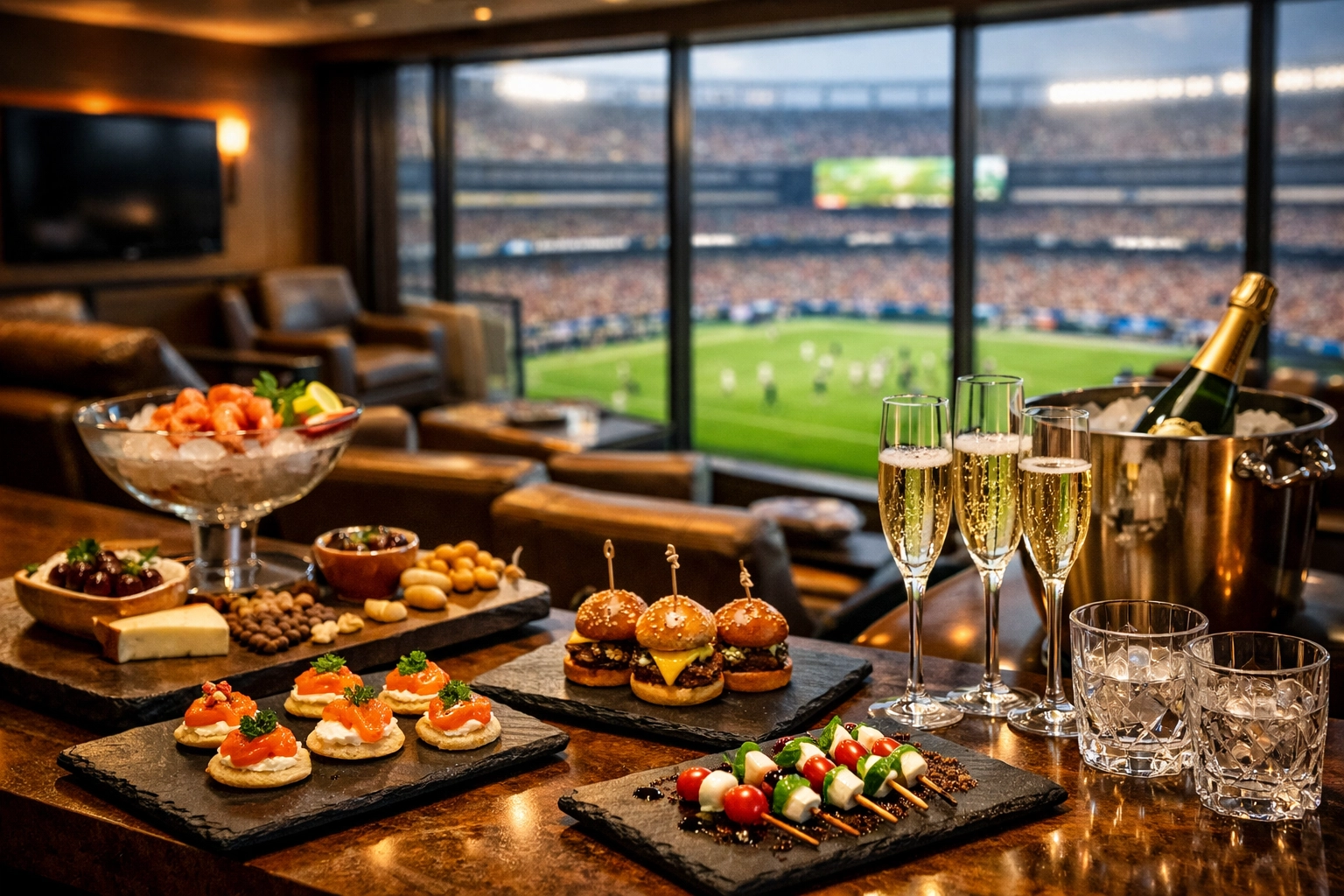 Premium catering inside a luxury stadium suite for high-end corporate hospitality and networking.