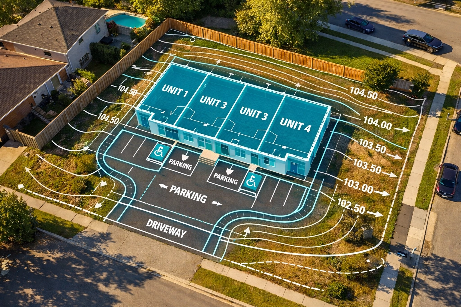 Aerial view of a 4-plex conversion site plan with professional grading overlays for high ROI.