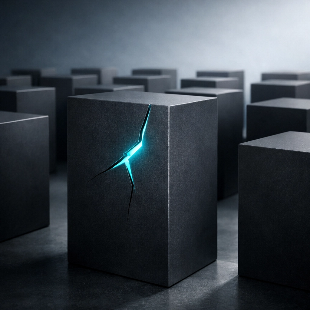 Minimalist grid with a glowing fracture representing a hidden security vulnerability in a business network.