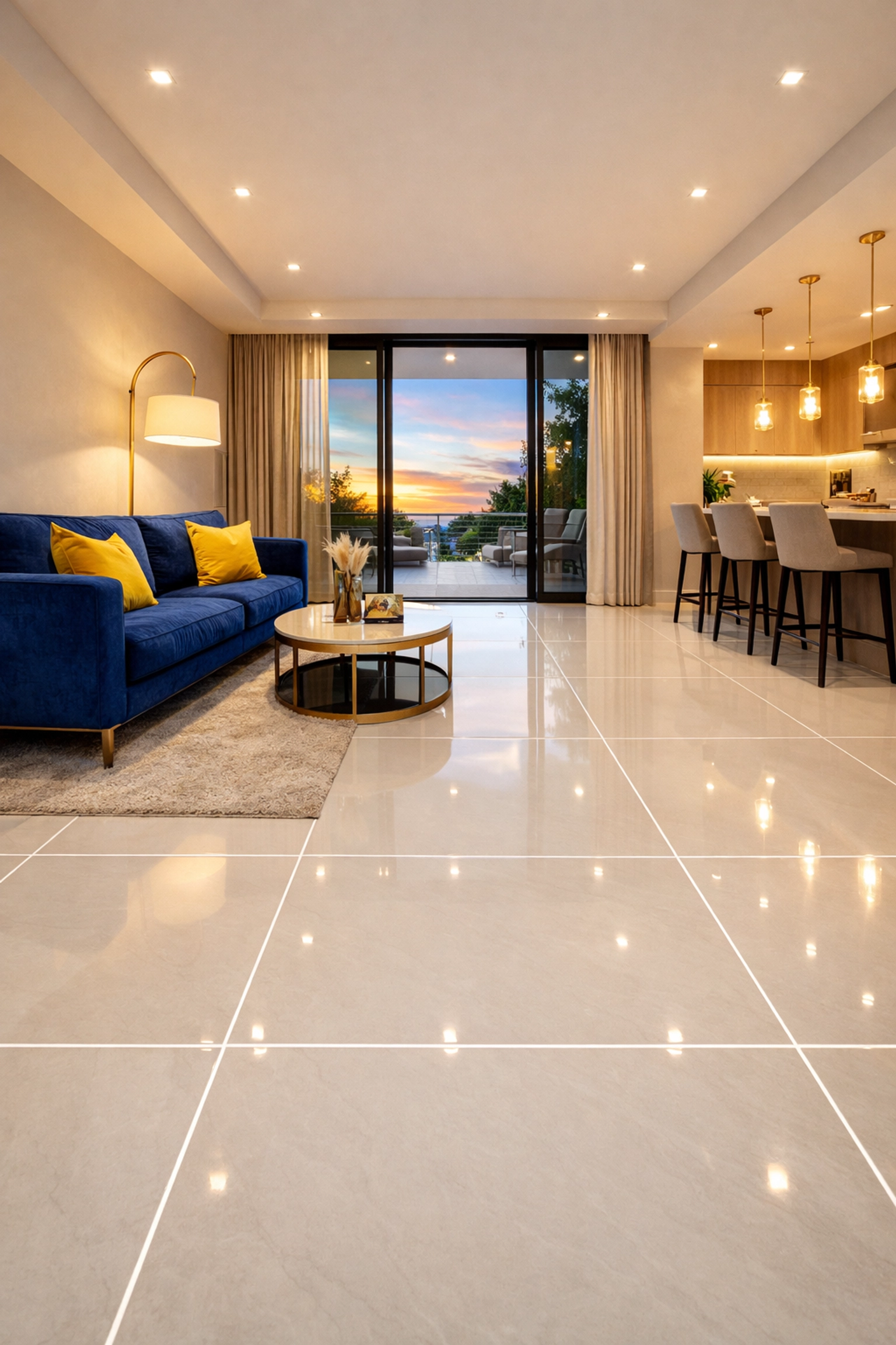 Wide view of a modern living room with perfectly restored white grout lines and porcelain tile.