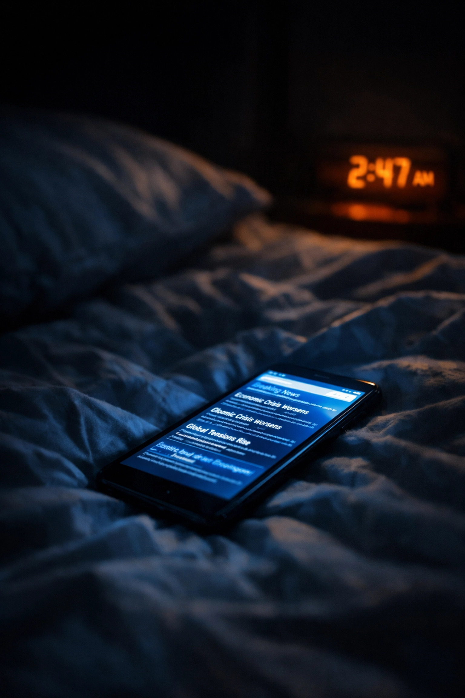 Phone glowing with news feed on bed at 2 AM illustrating late night doomscrolling habit