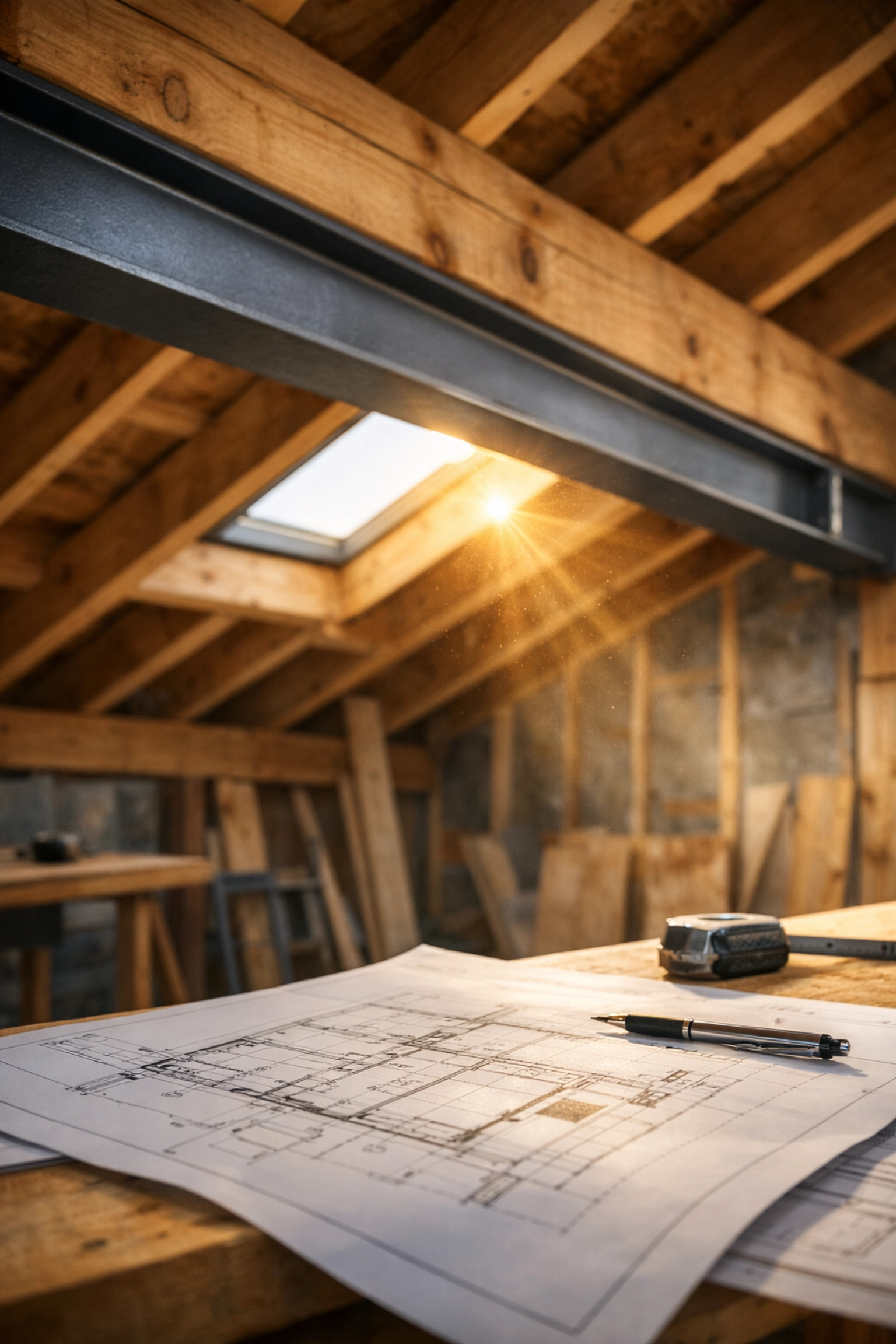 Professional loft conversion in progress showing high-quality timber rafters and steel structural beams under a skylight.