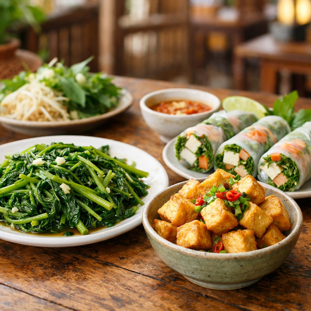 A colorful spread of vegetarian Vietnamese dishes including stir-fried water spinach and crispy tofu.