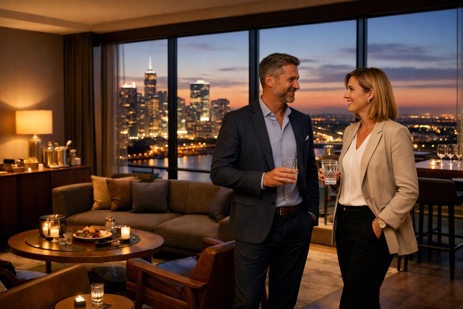 Professional networking in an elite corporate hospitality suite during Super Bowl weekend.