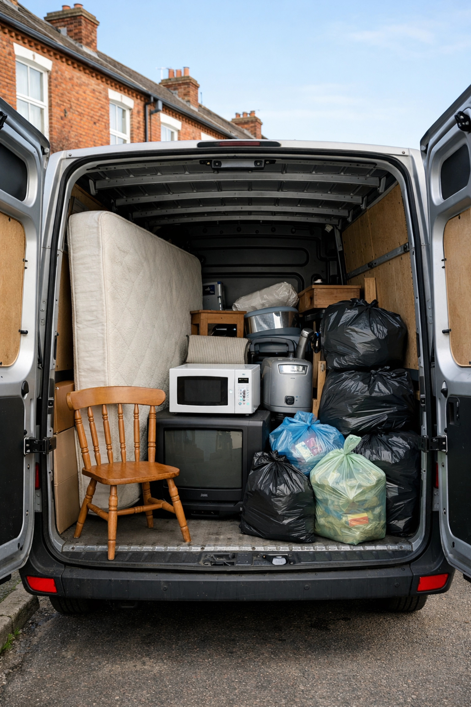 Professional waste removal van loaded with furniture and household items for property clearout