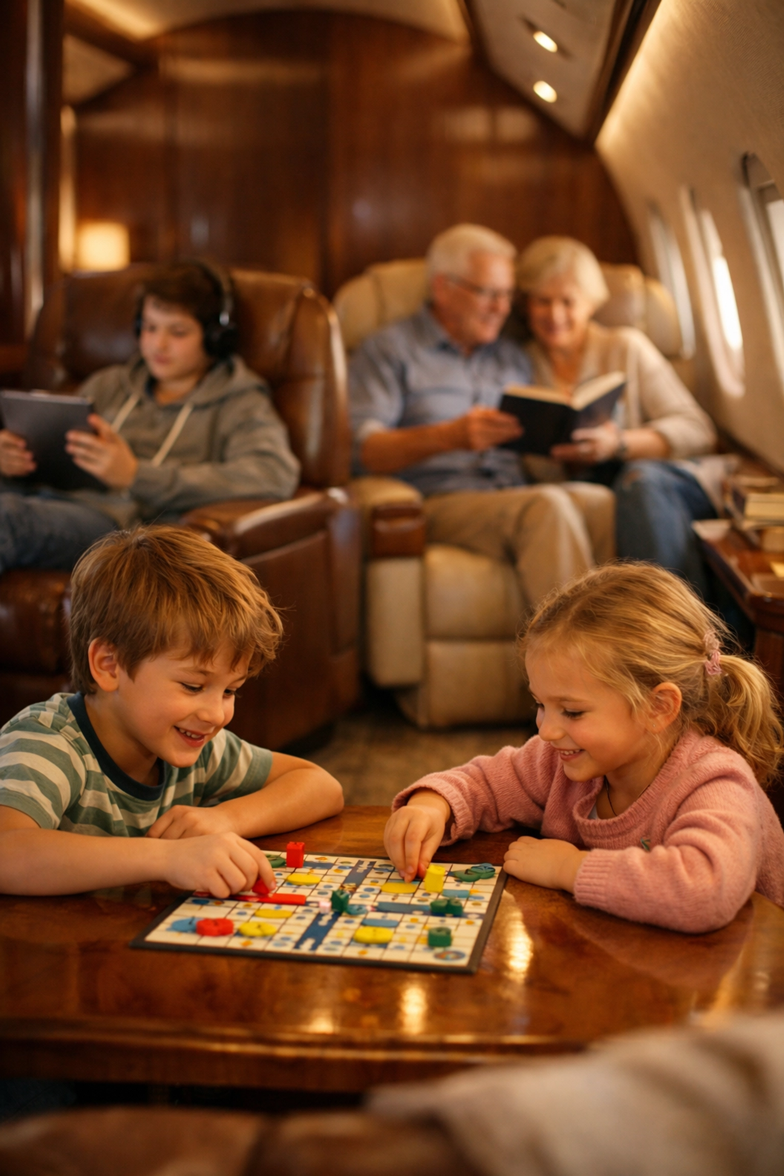 Multi-generational family enjoying separate activity zones in private jet cabin