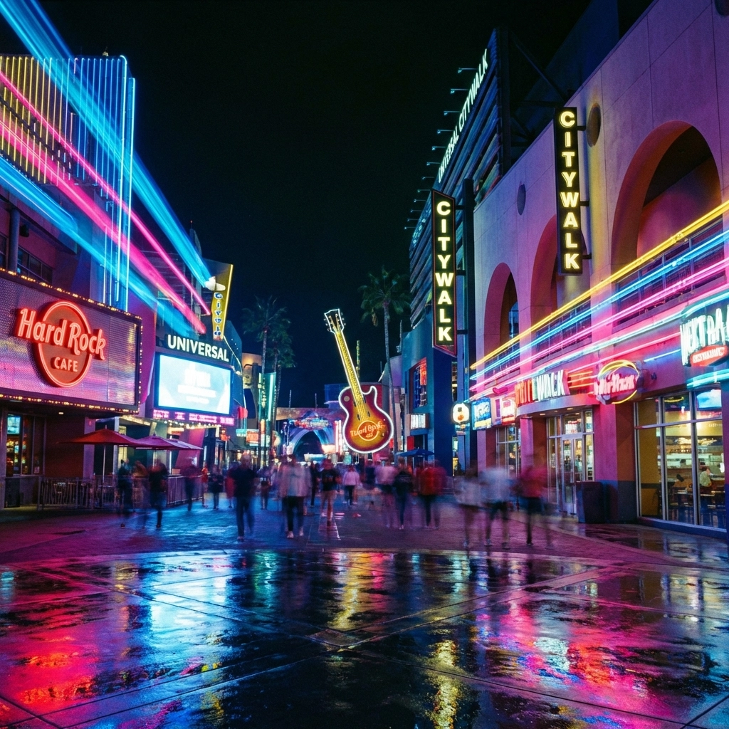 Night photography at Universal CityWalk featuring bright neon signs and iconic Hollywood photo spots.
