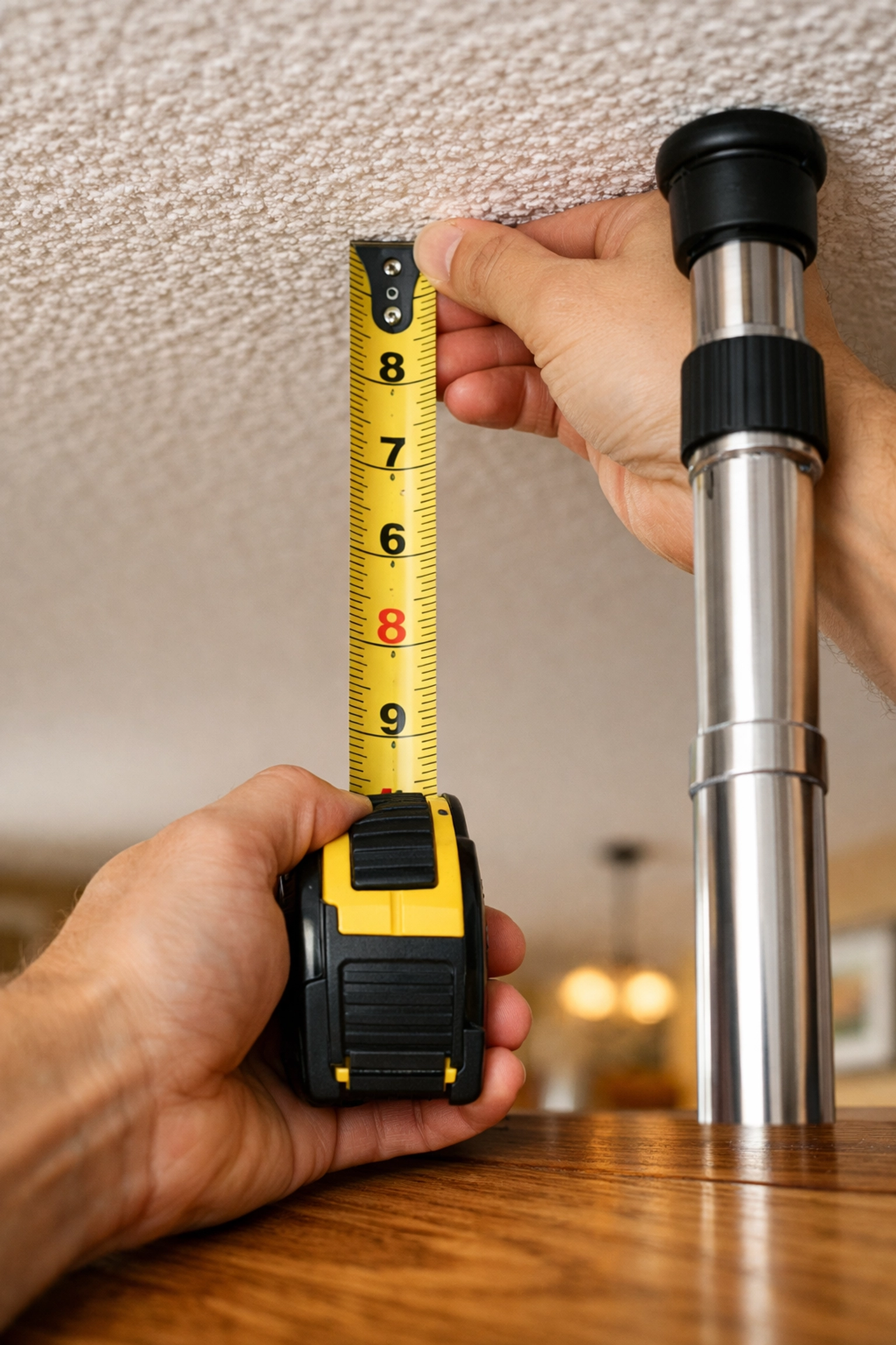 Measuring transfer pole height between floor and ceiling for proper installation