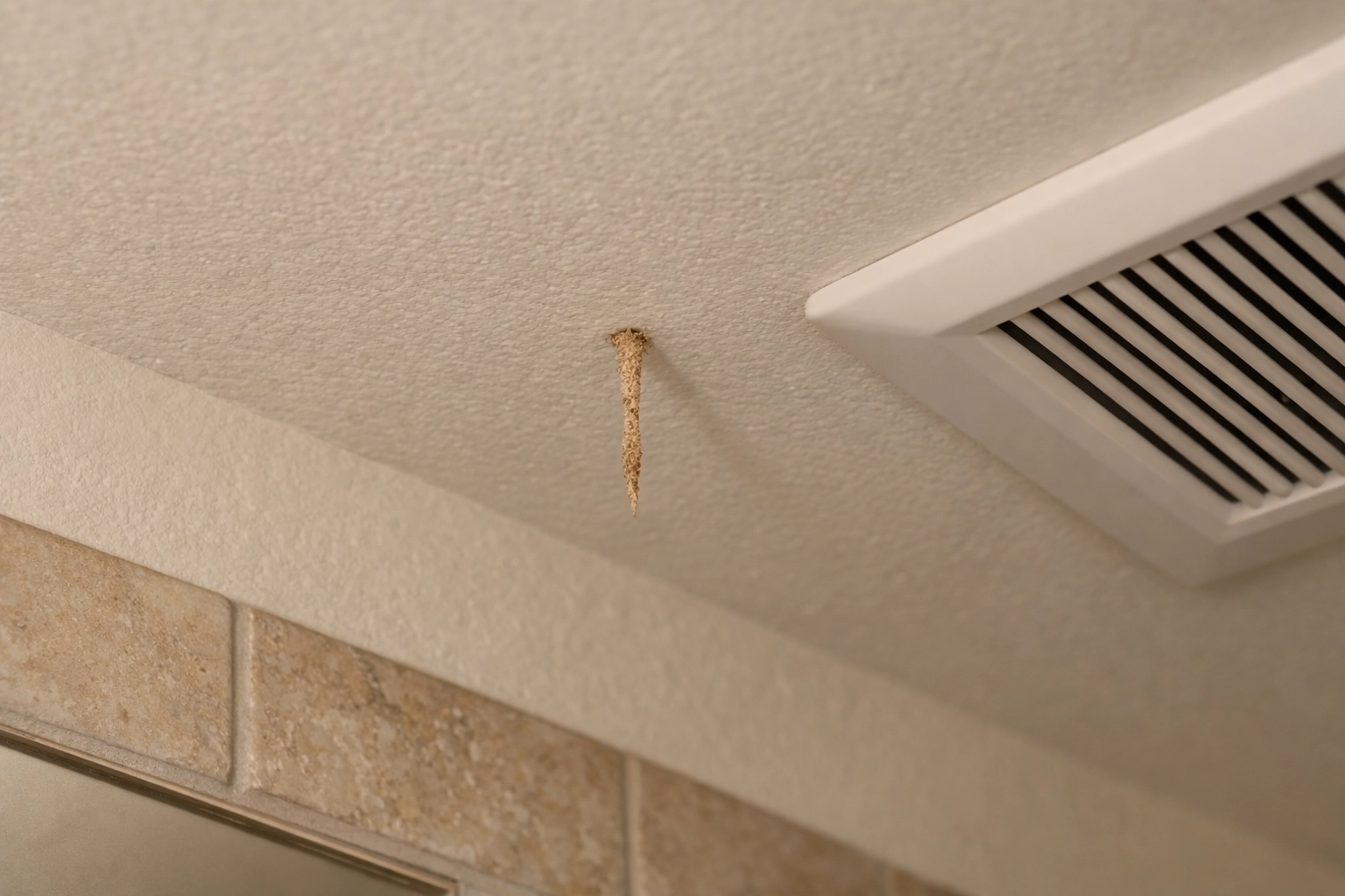 Small, fragile-looking termite exit tube hanging from a bathroom ceiling—subtle and easy to miss without a trained eye. termite exit tube on bathroom ceiling in Oro Valley home