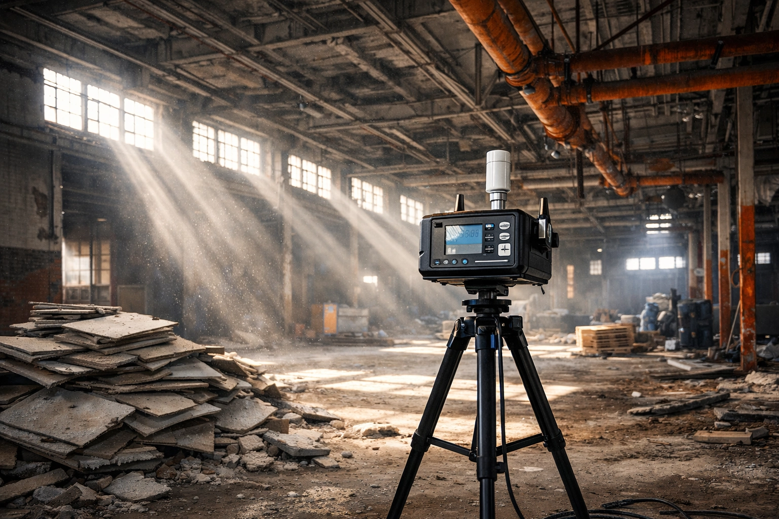 Professional air-monitoring equipment stationed in an industrial warehouse during a renovation safety survey.