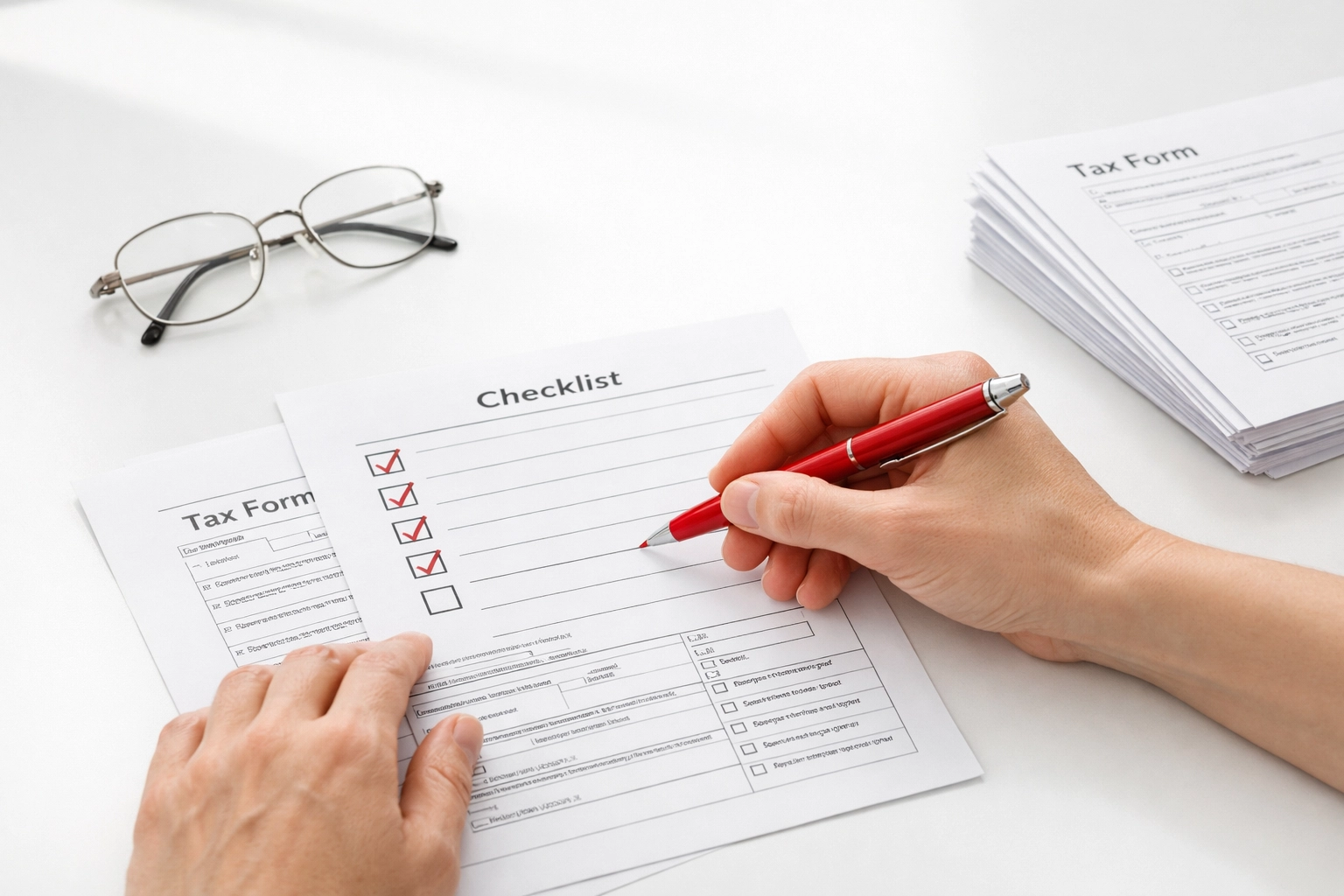Person reviewing completed tax return forms with red pen to check for errors before filing