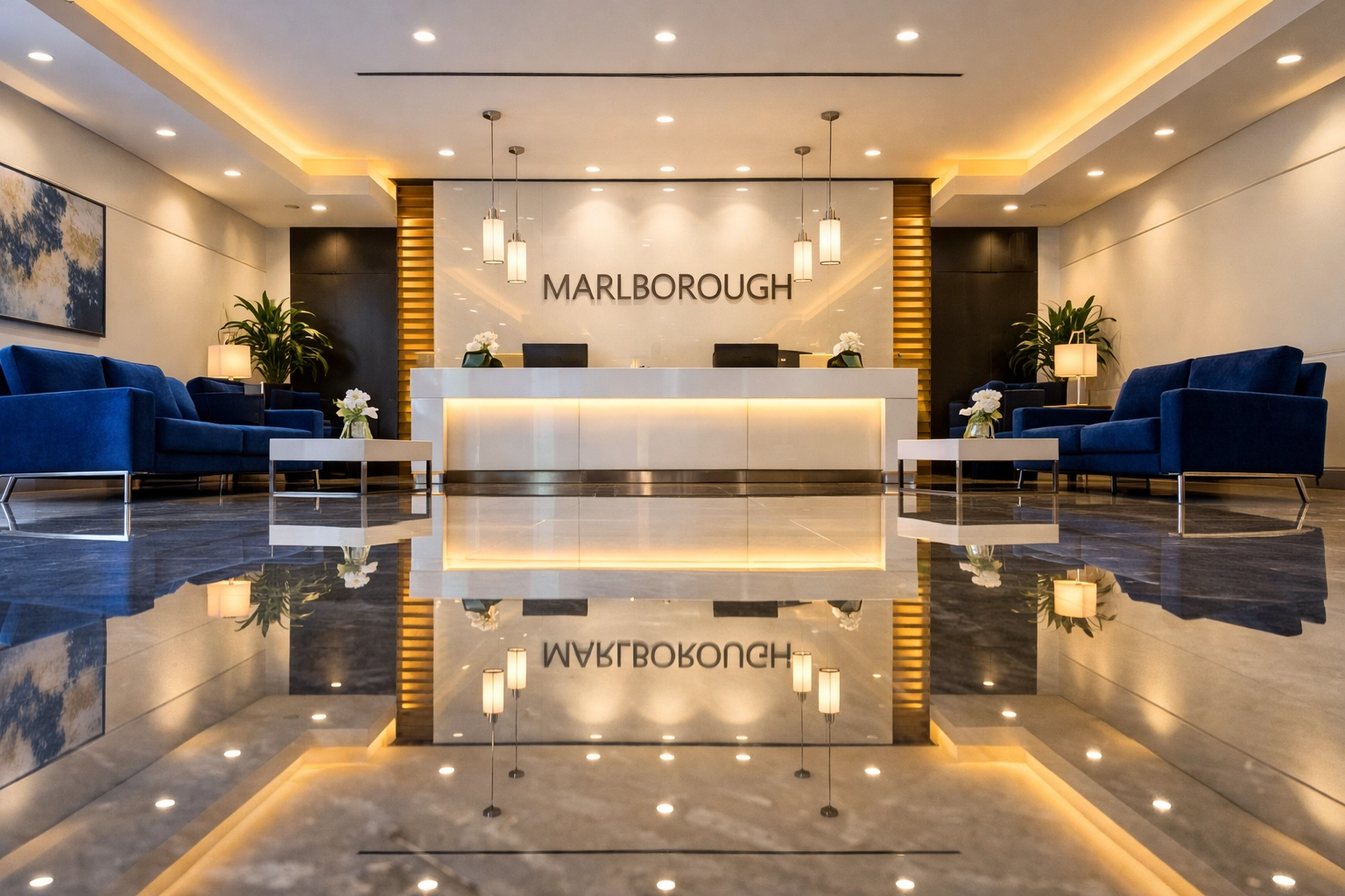 Spotless corporate reception area after professional office cleaning in Marlborough.