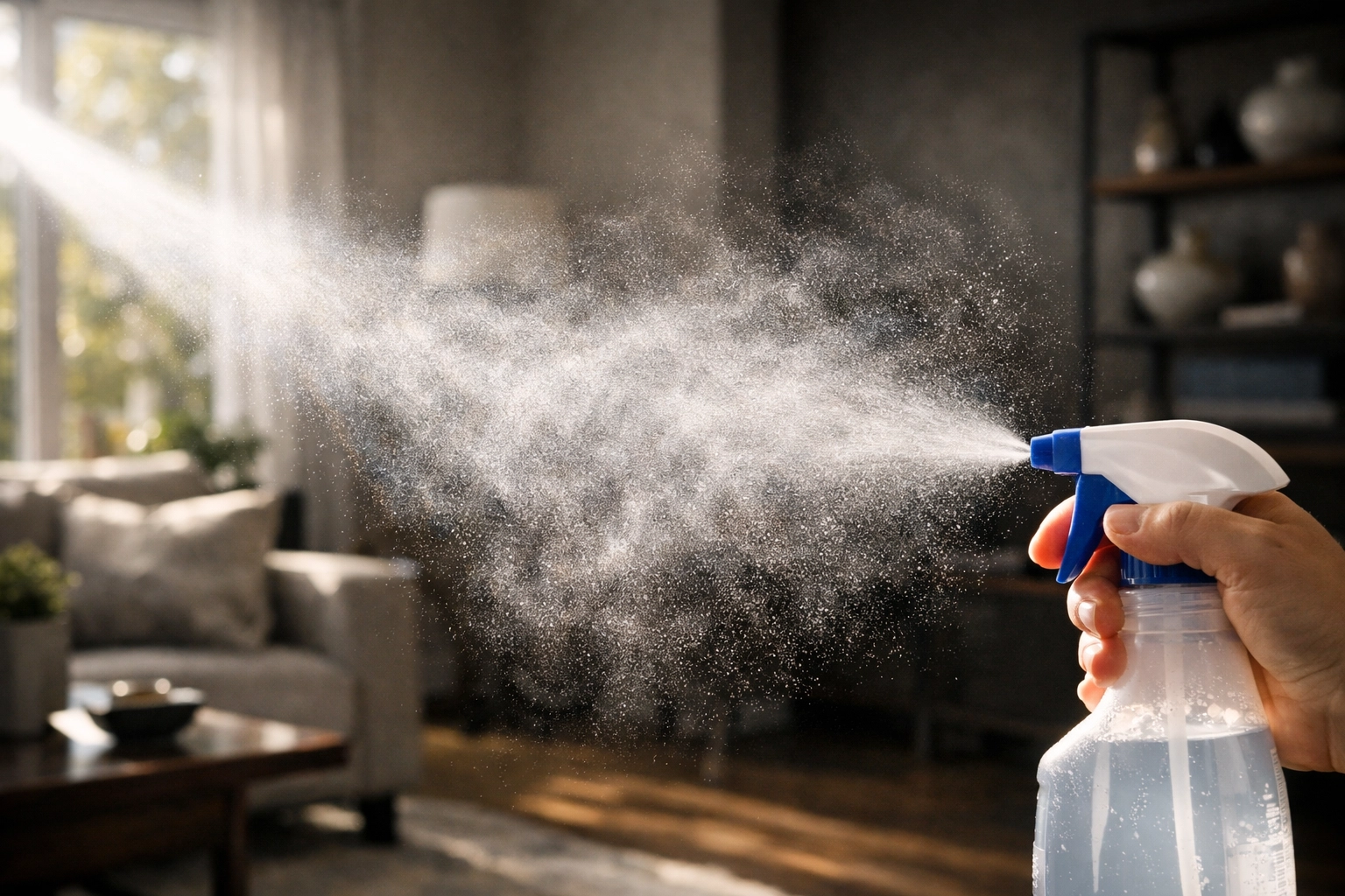 Fine mist of conventional cleaning spray suspended in sunlit air, highlighting indoor air pollution.
