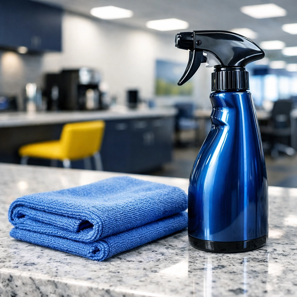 Professional cleaning tools on a sparkling granite counter in a clean Marlborough office environment.