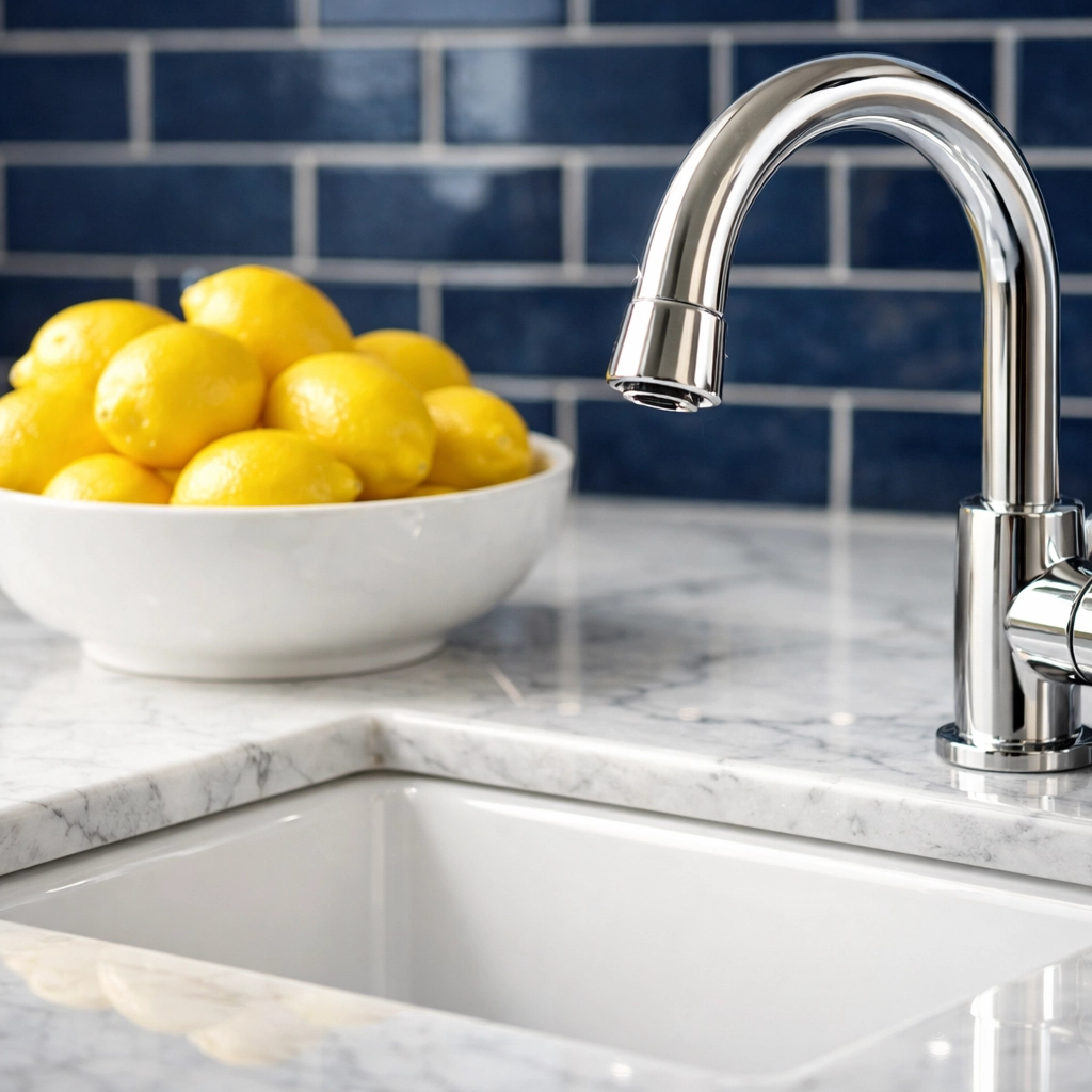 Spotless white marble kitchen counter and sink sanitized by The Cleaning Ninjas Inc.