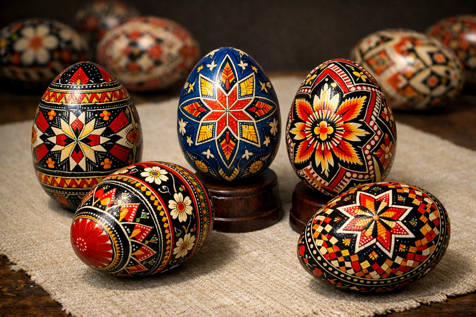 Traditional Ukrainian pysanky decorated eggs featured in "The Egg Was First" exhibit by artist Aka Pereyma at the Kenton County Public Library Independence Branch.