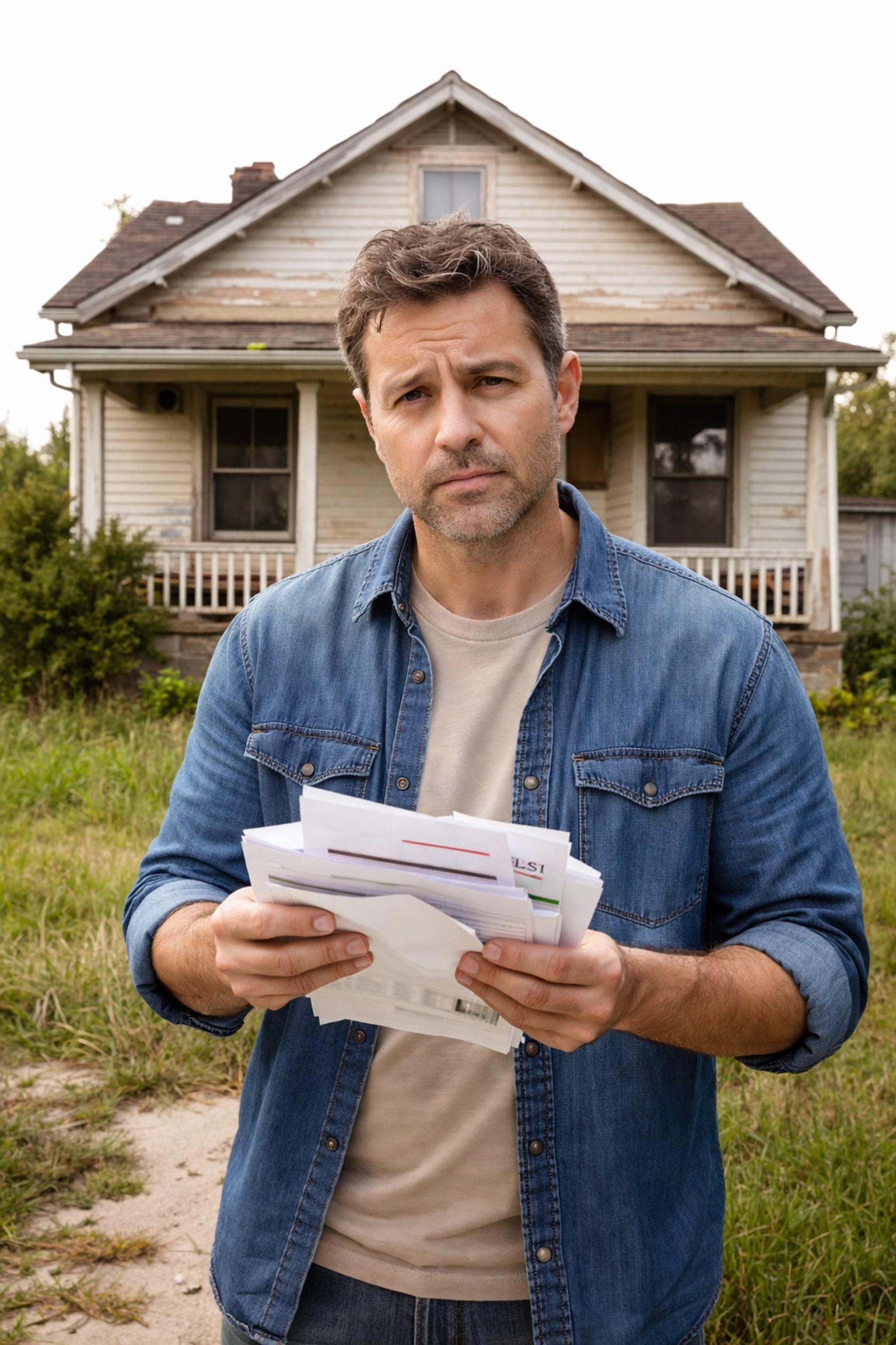 Stressed homeowner stands in front of an old Northern New Jersey house needing repairs, showing moving stress and costs.