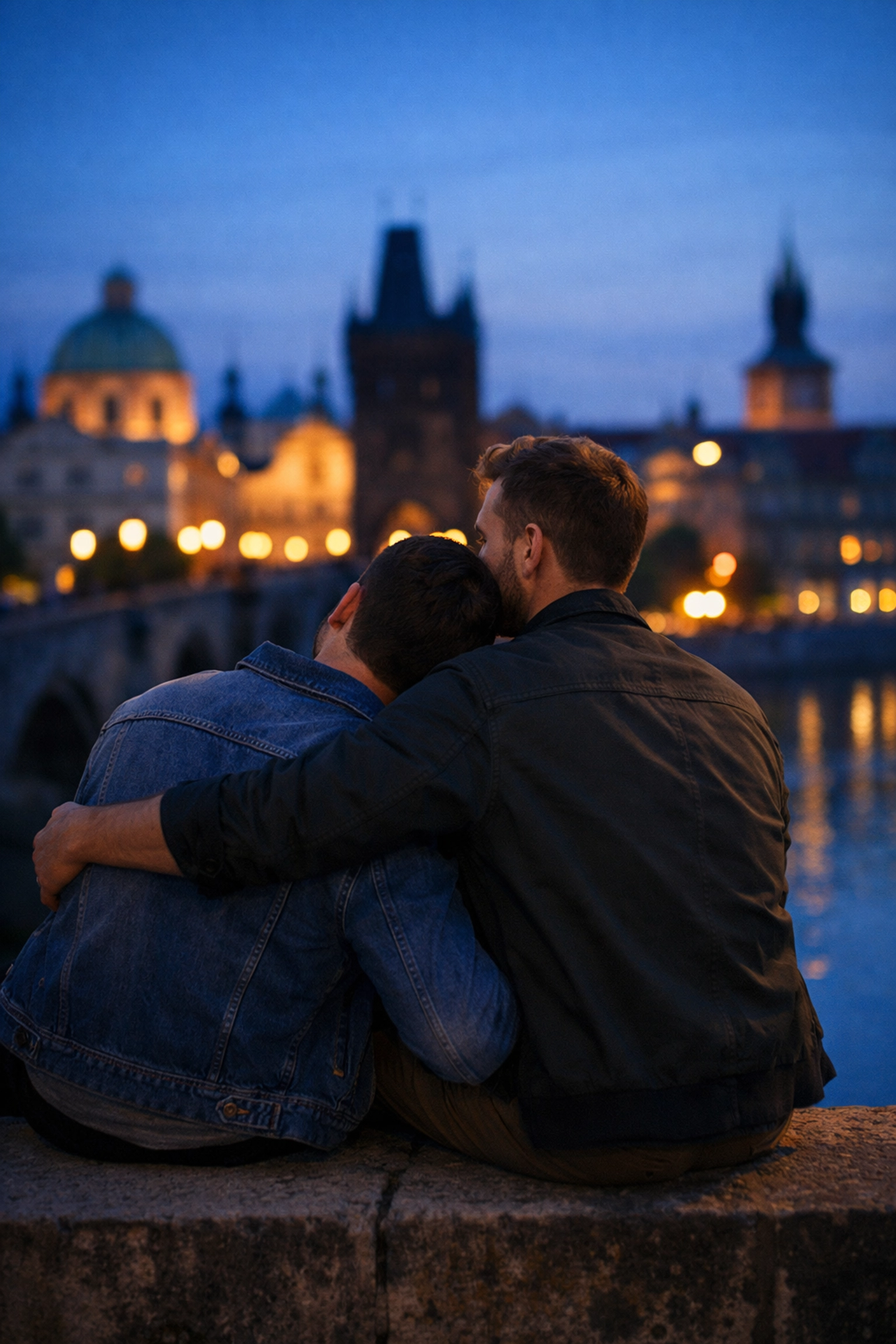 A gay couple embraces on the Charles Bridge in Prague, showcasing authentic settings for modern gay fiction.