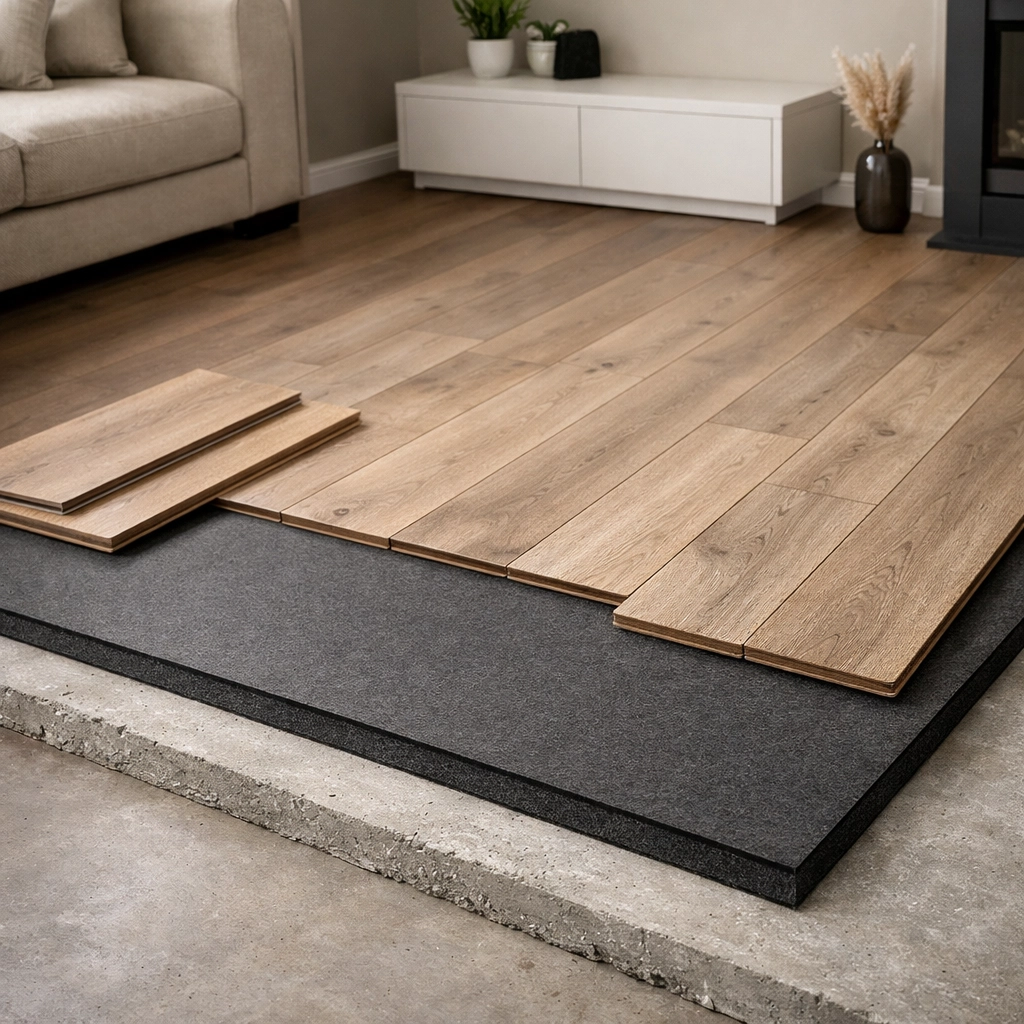 Multi-layer flooring installation in Orlando featuring concrete subfloor, underlayment, and laminate.