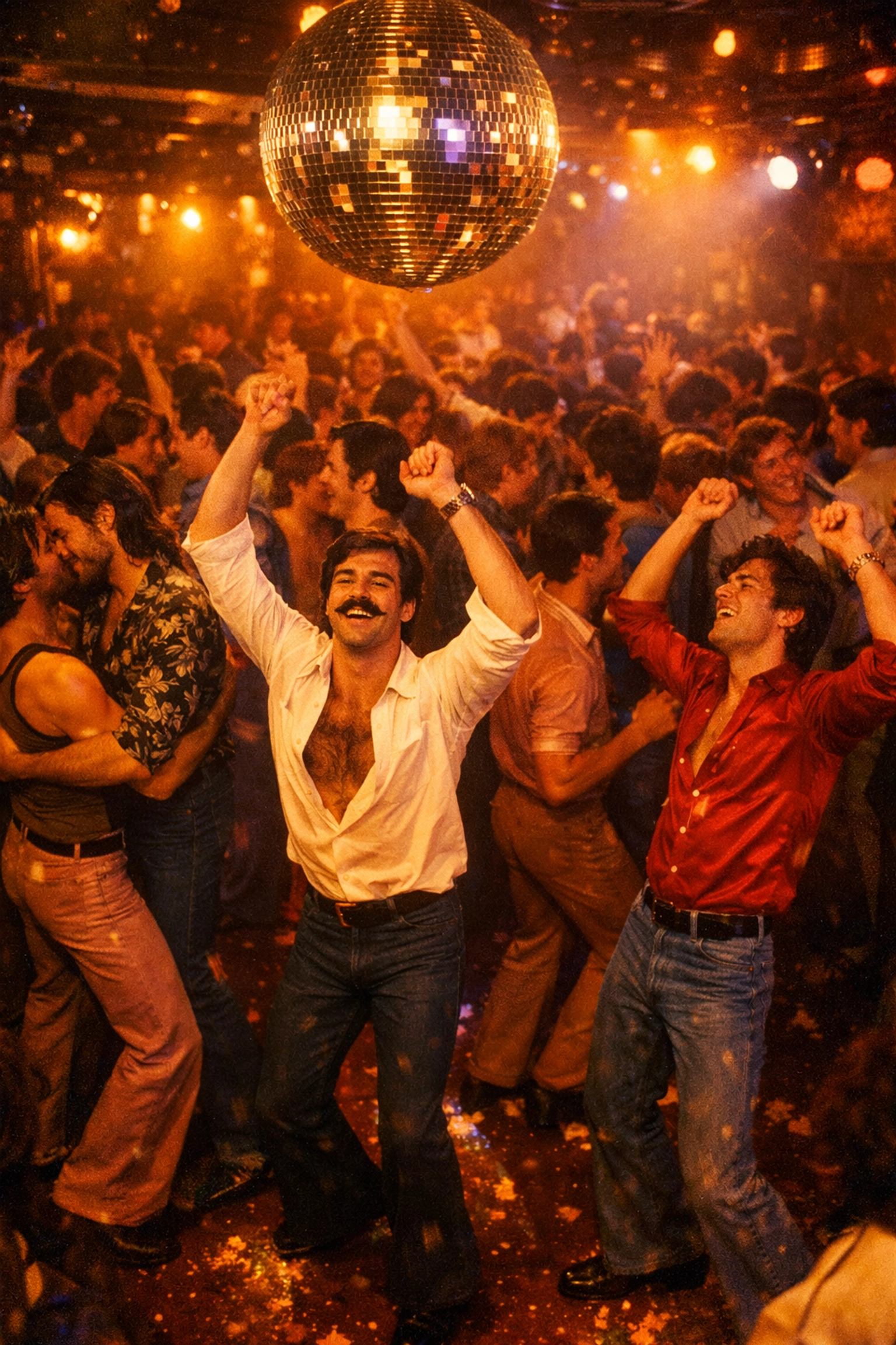 Gay men dancing in 1970s underground disco club sanctuary with disco ball