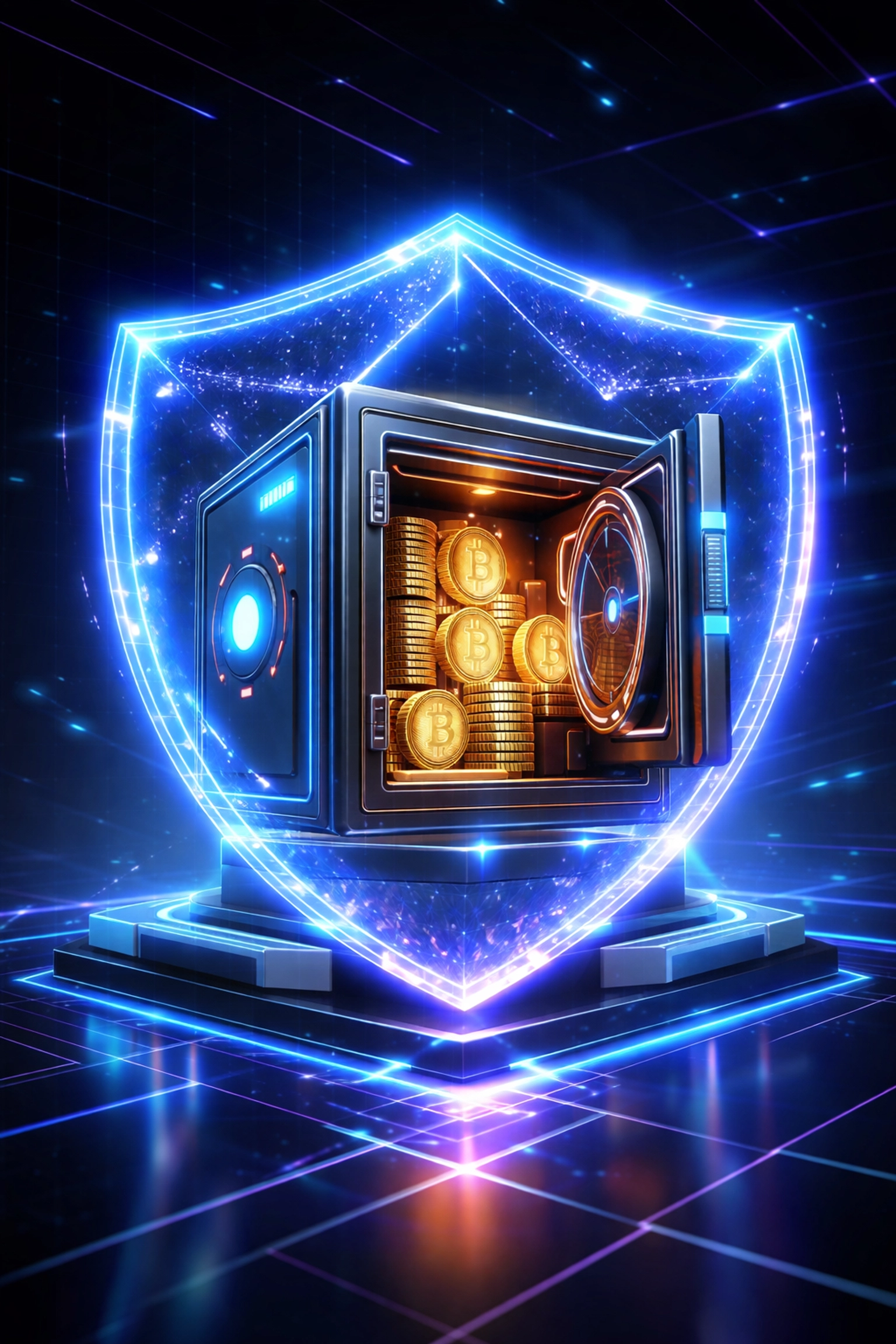 Secure digital vault with cryptocurrency coins illustrating self-custody and control in Larecoin’s Web3 payments ecosystem