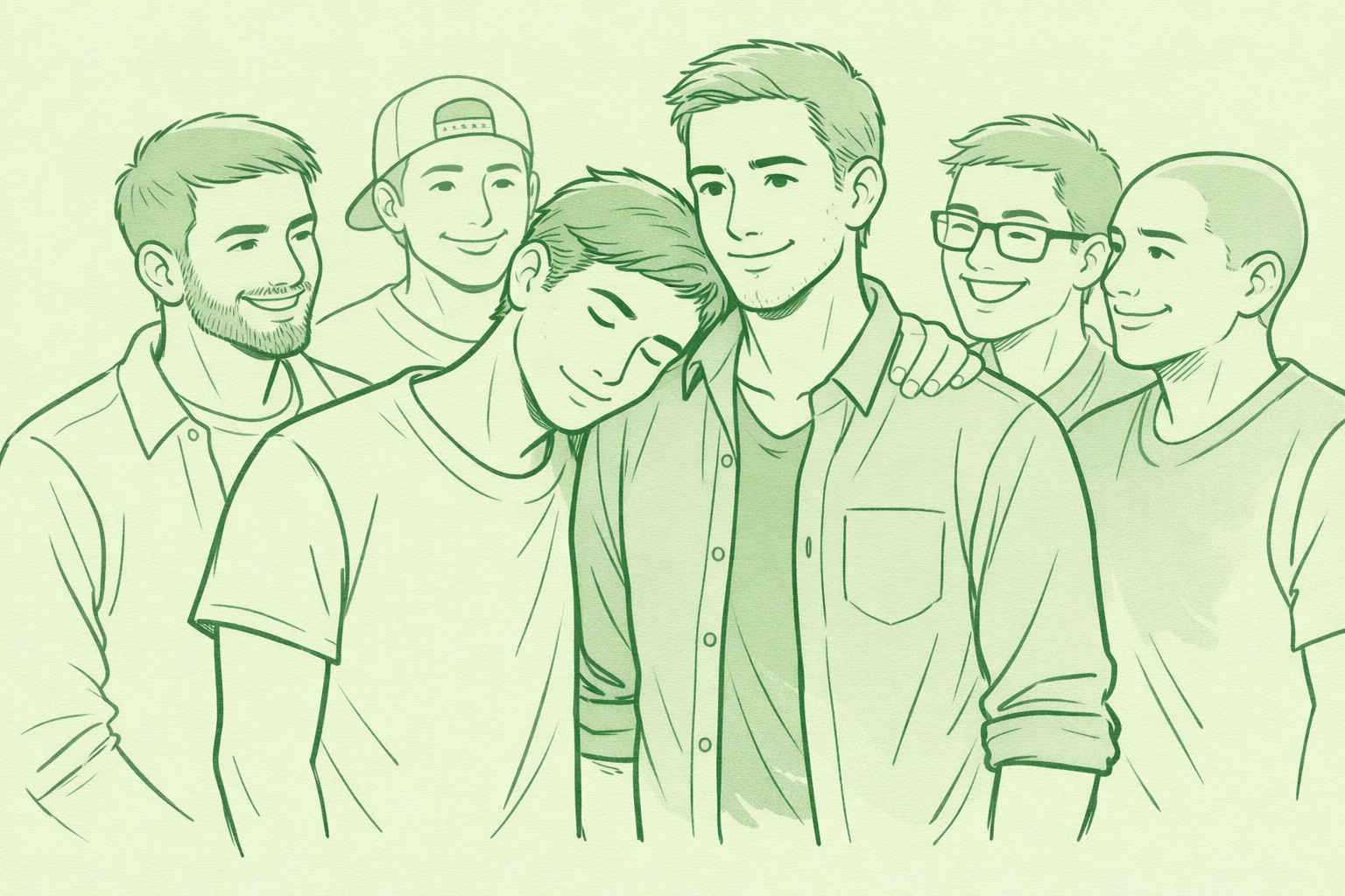 A supportive group of male friends surrounding an MM couple, representing a strong LGBTQ+ chosen family.