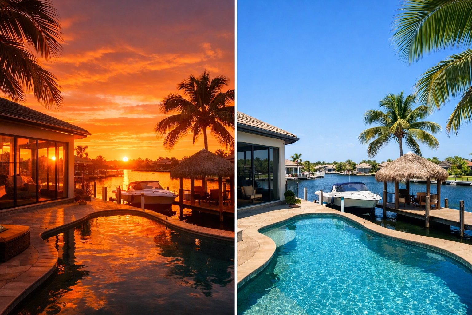 Cape Coral waterfront home showing sun exposure differences between sunset and midday on canal property