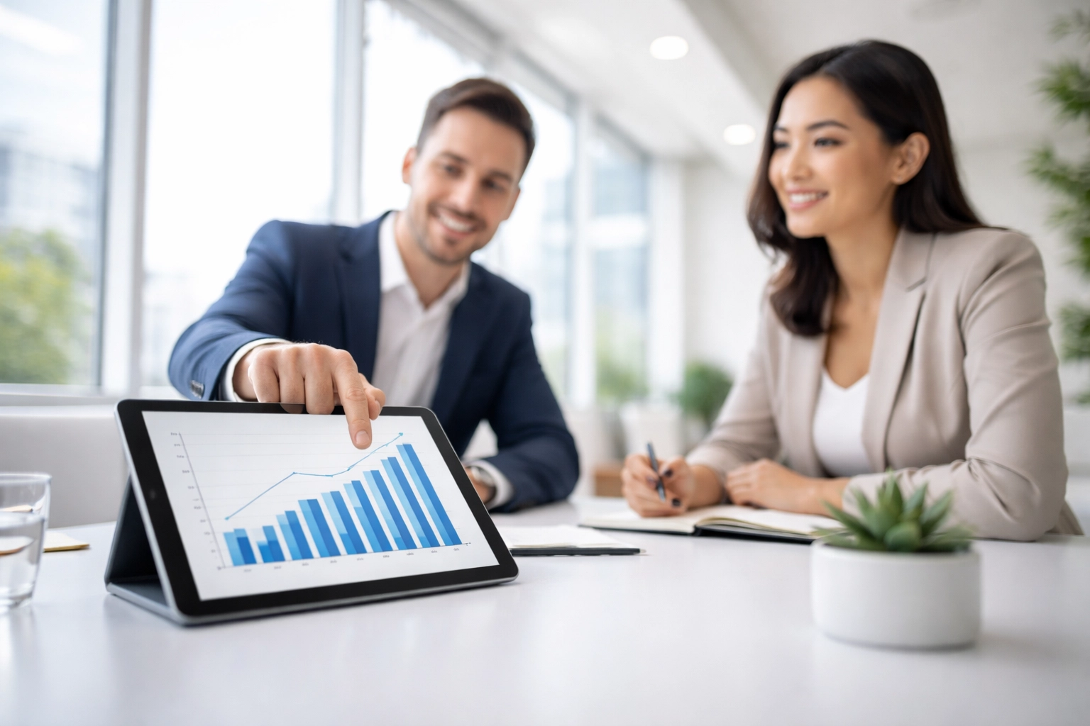 Business professionals reviewing financial charts in a bright office, highlighting strategic cannabis tax planning for post-280E era.